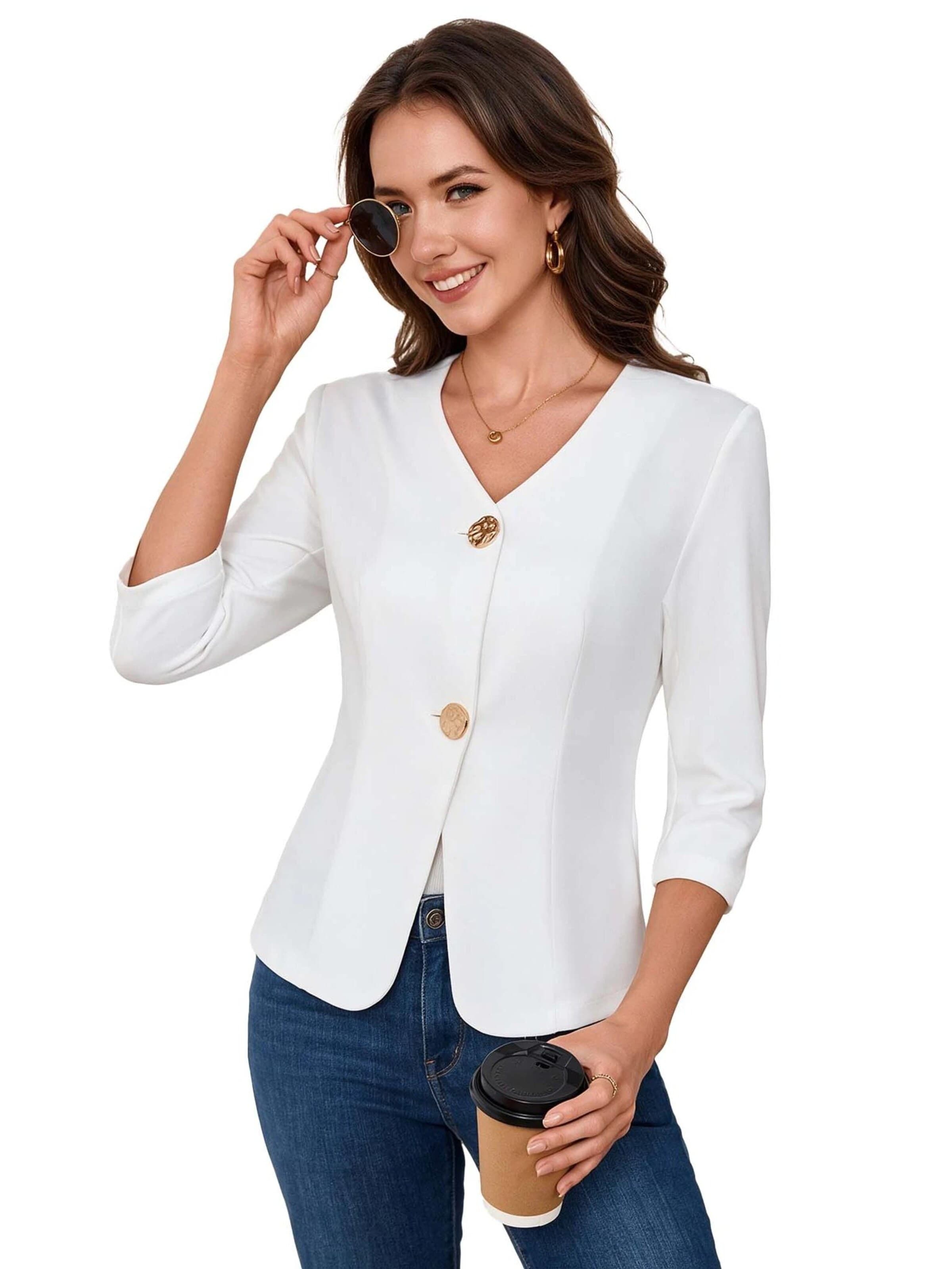 KoJooin Blazer 'Damen-Kurzblazer mit V-Ausschnitt, Metallknopf, Seitenschlitzen und 3/4-Ärmeln'‌‌‌‌‌ in Weiß