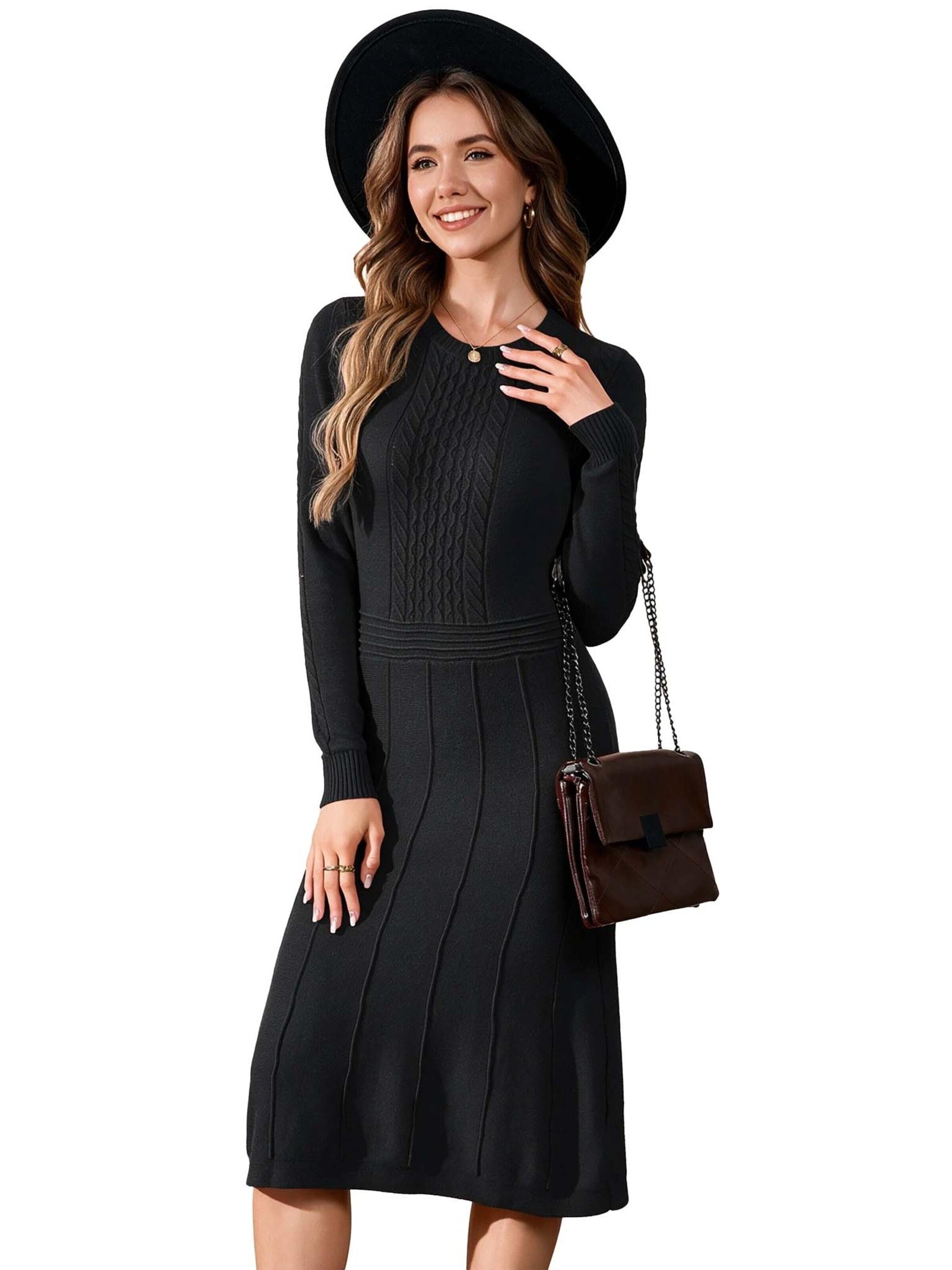 KoJooin Sukienka z dzianiny 'Damen-Rippstrickkleid in Midi-Länge mit Rundhalsausschnitt und langen Ärmeln' w kolorze czarny