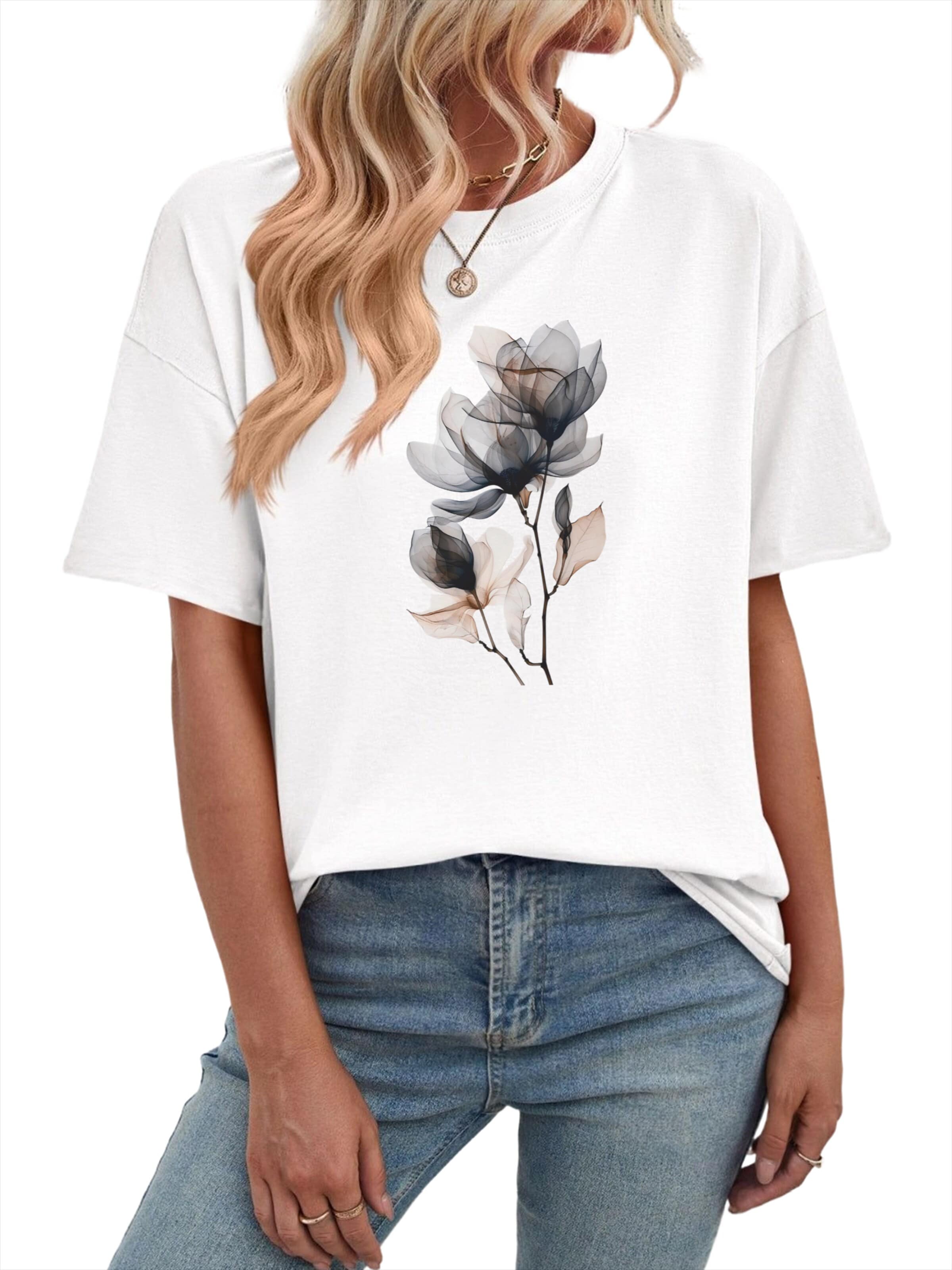 GORHEY Shirt 'Women's Summer Short-Sleeve Shirt with Flowers Print Tees' in Wit: voorkant