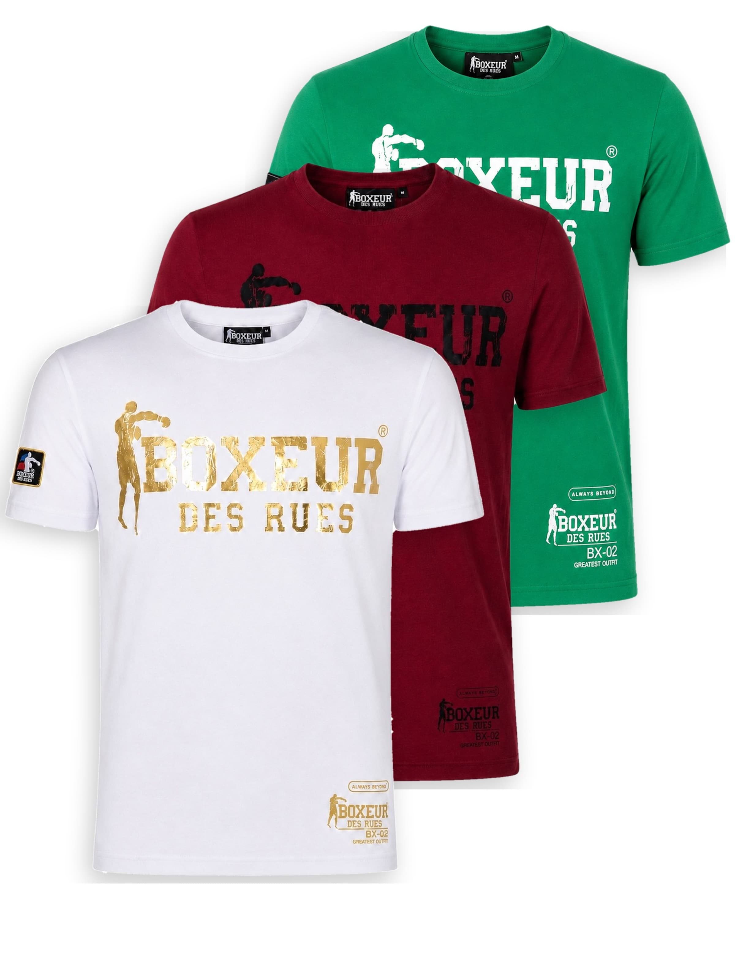 T-Shirt 'Herren T-Shirt 3er-Pack Boxeur des Rues Slim Fit: Weiß, Goldenes Logo + Bordeaux + Grasgrün, Weißes Logo' Boxeur des Rues en multicouleur : devant