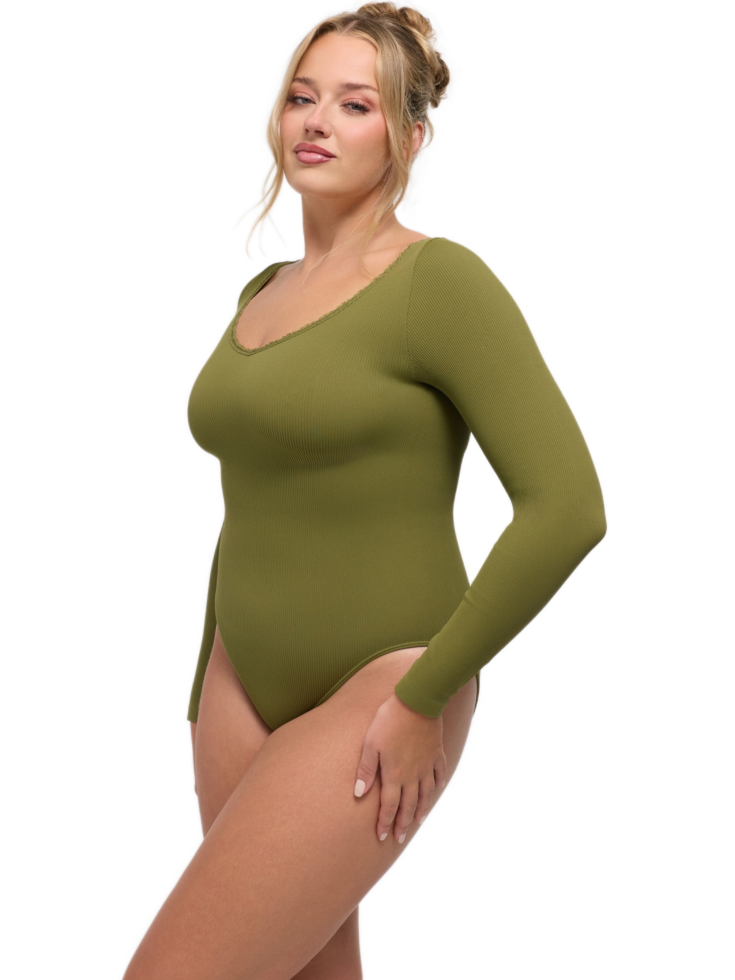cfab Body 'Ribbed Longsleeve V-Neck Sculpting Lace Bodysuit with Slip' värissä vihreä