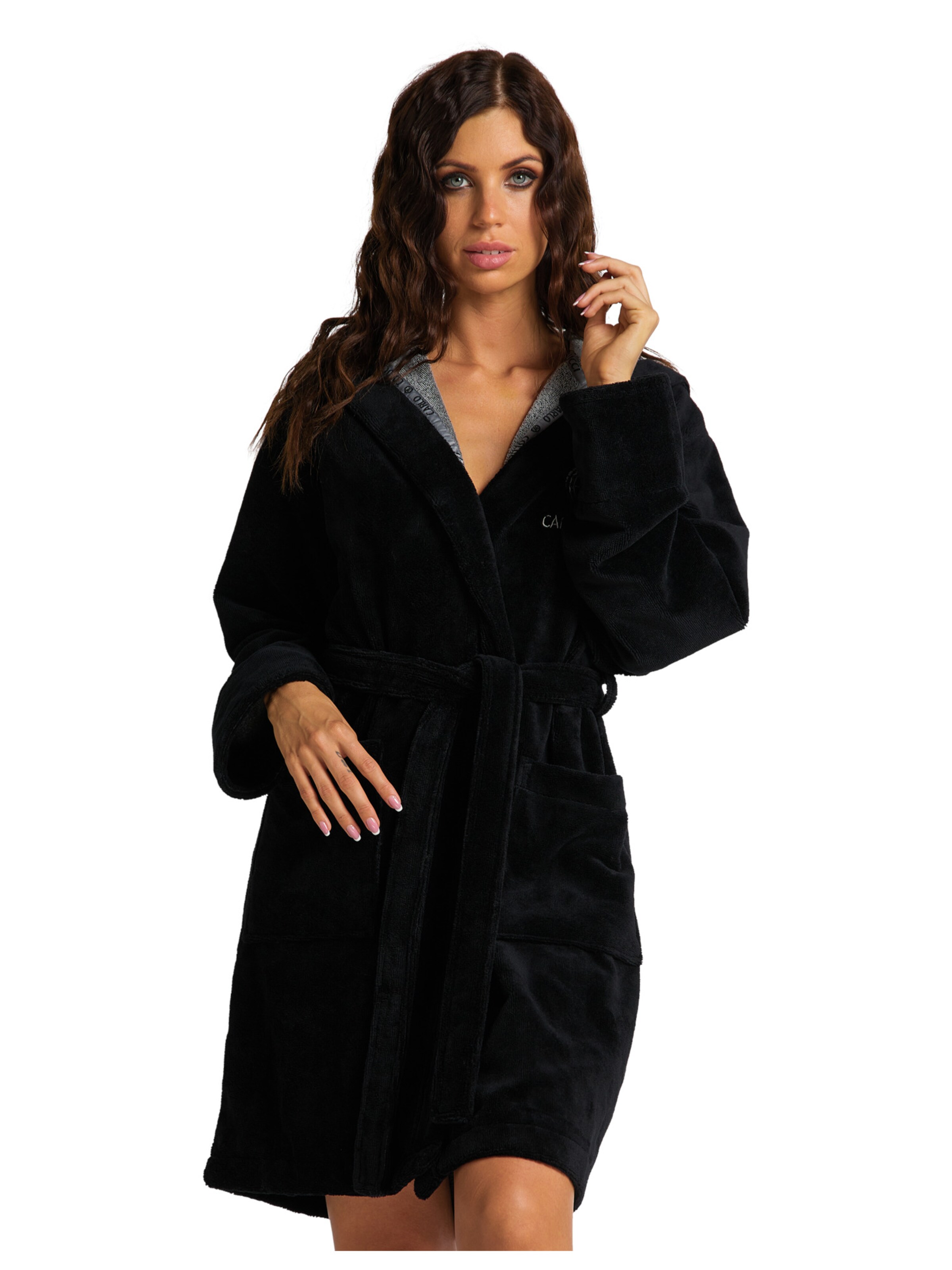 Carlo Colucci Short Bathrobe 'Coma' in Black: front