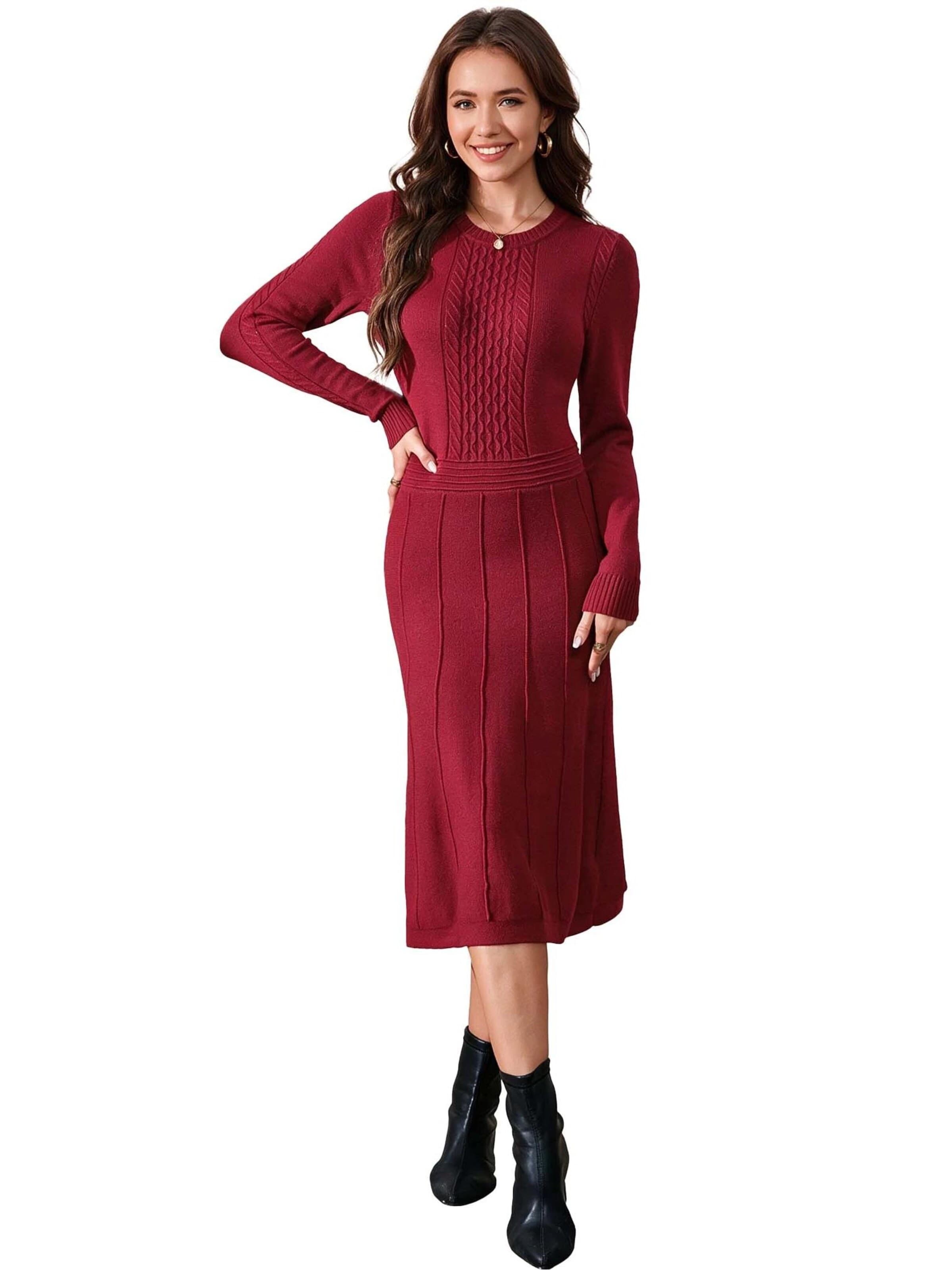 KoJooin Sukienka z dzianiny 'Damen-Rippstrickkleid in Midi-Länge mit Rundhalsausschnitt und langen Ärmeln' w kolorze czerwony