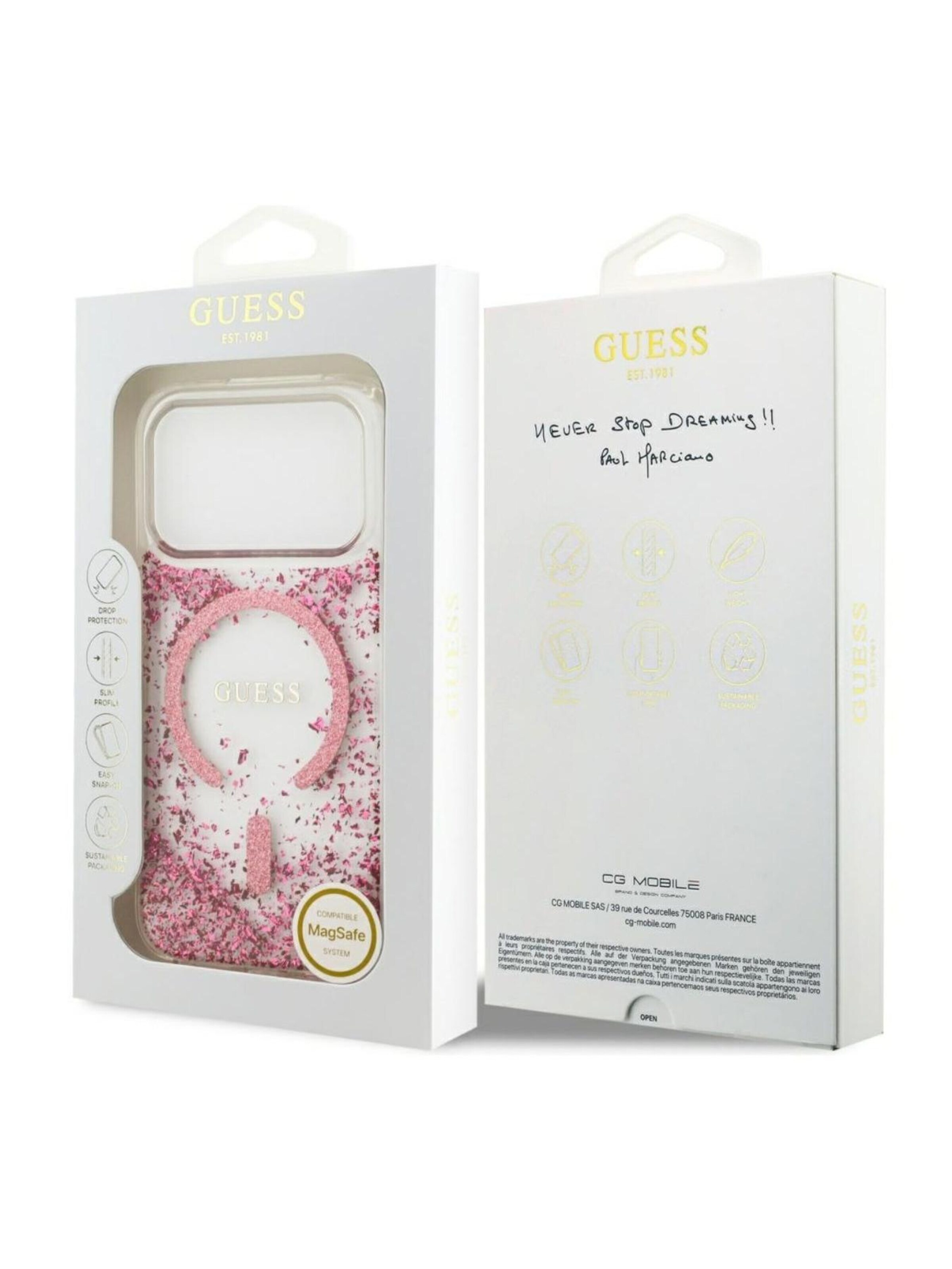 GUESS Smartphonehoesje 'GUESS MagSafe Resin Bottom Glitter for iPhone 17 Pro' in Roze
