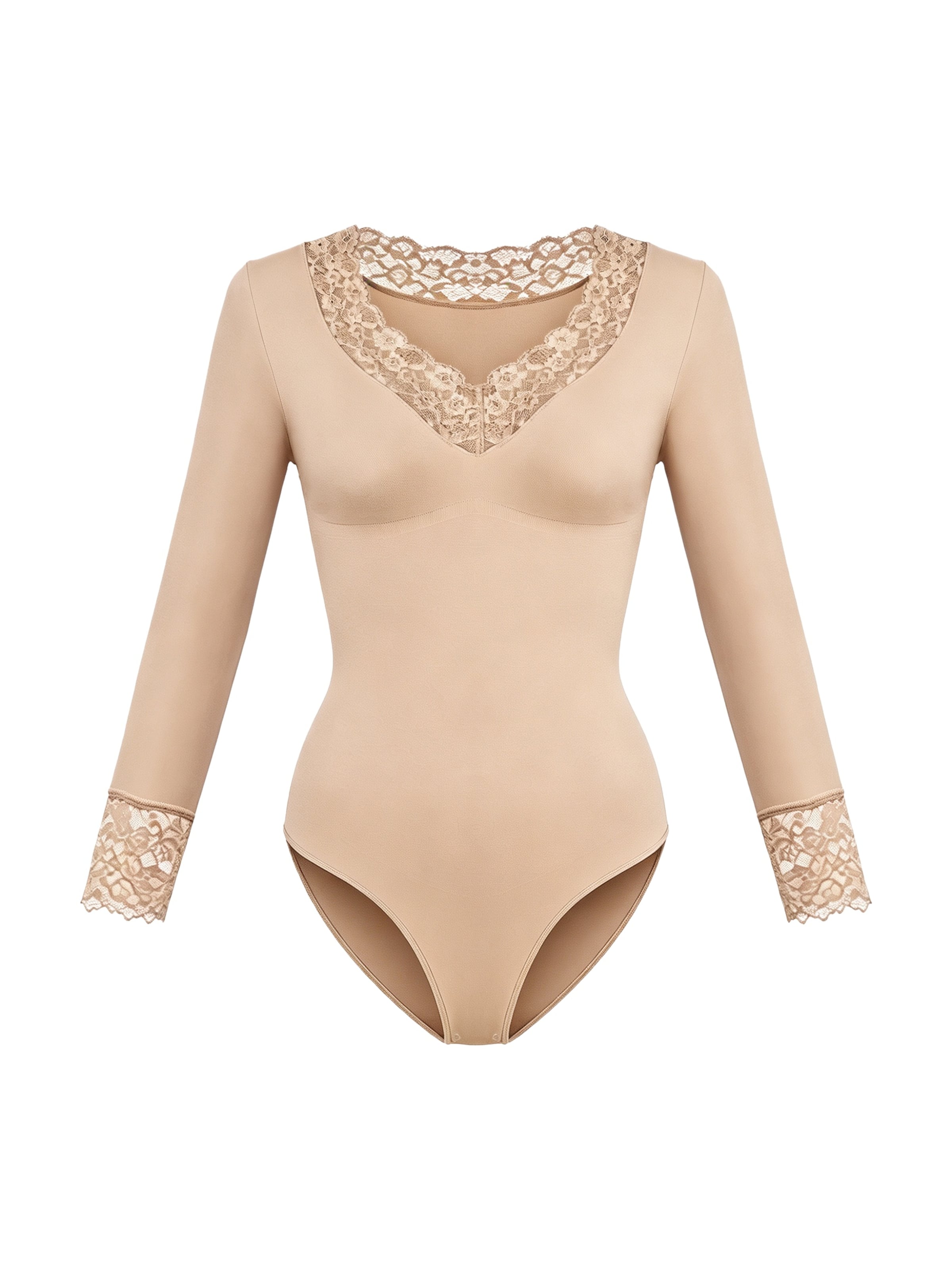 Body modelant 'Clean Longsleeve V-Neck with Lace Sculpting Bodysuit with Slip' cfab en beige : devant