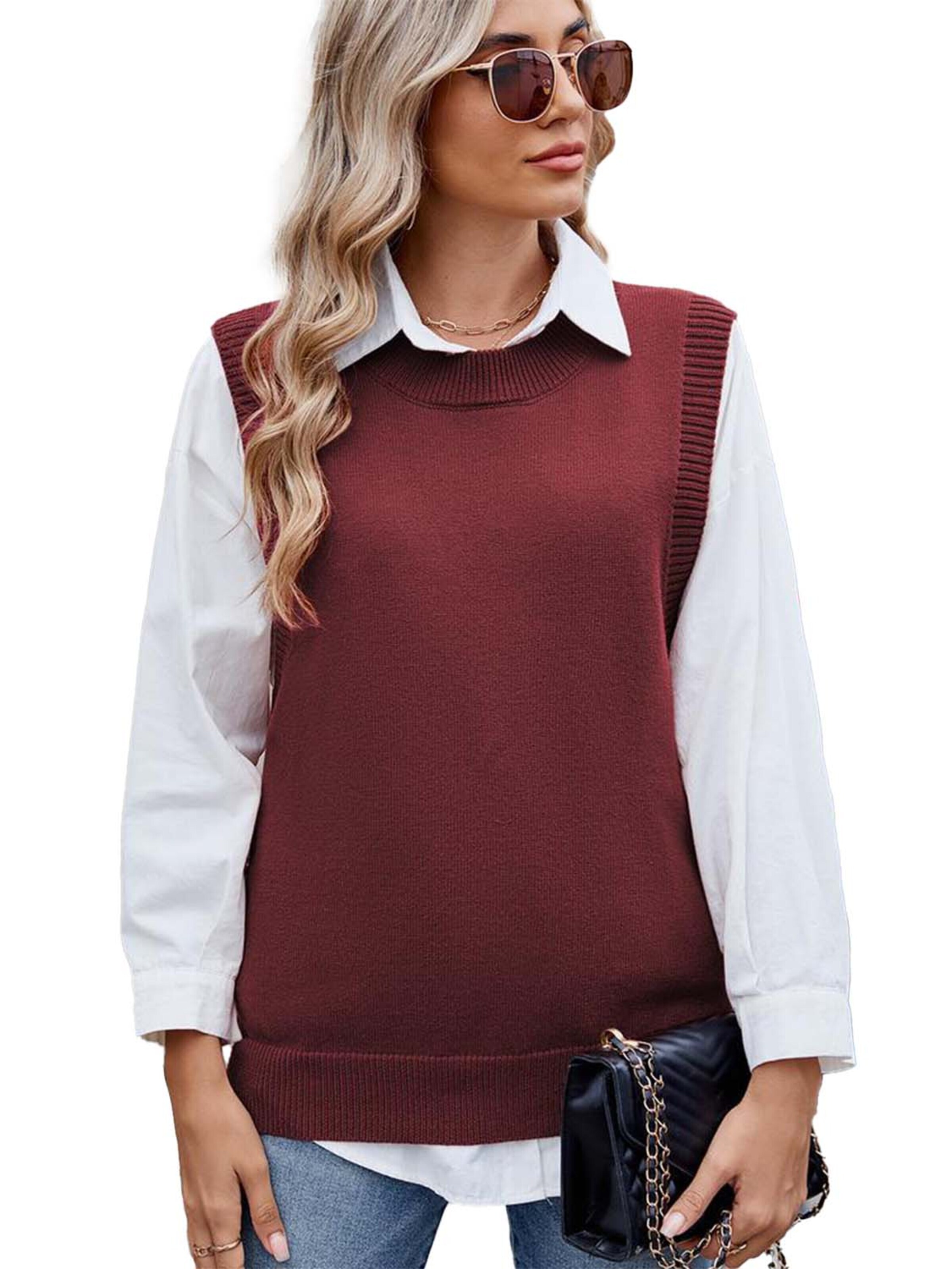 KoJooin Top z dzianiny 'Damen-Strickpullover mit Knopfdetails, Seitenschlitzen und unifarbenem Design' w kolorze czerwony