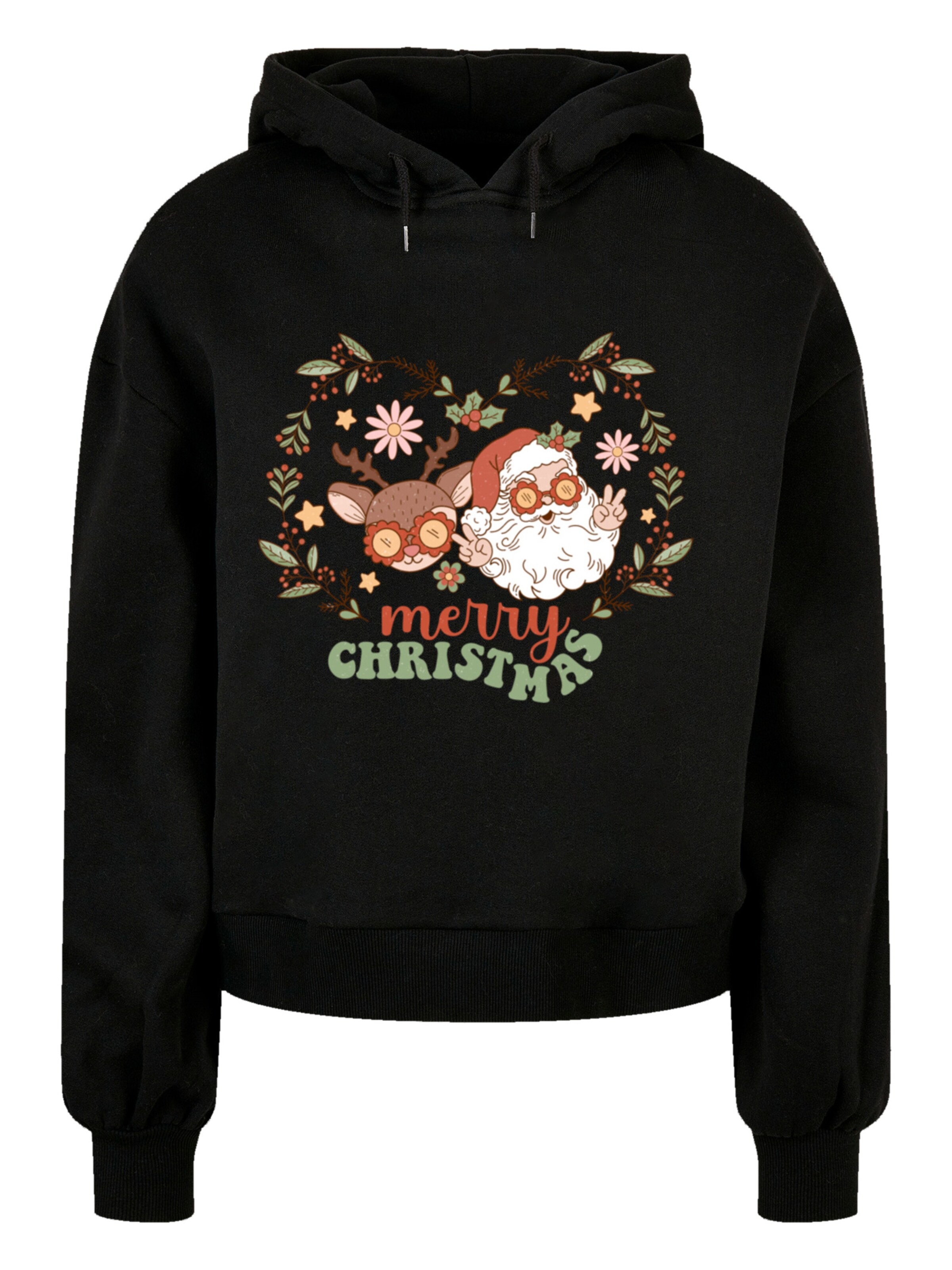 F4NT4STIC Sweatshirt 'Christmas Hippie Santa And Reindeer' in Zwart: voorkant