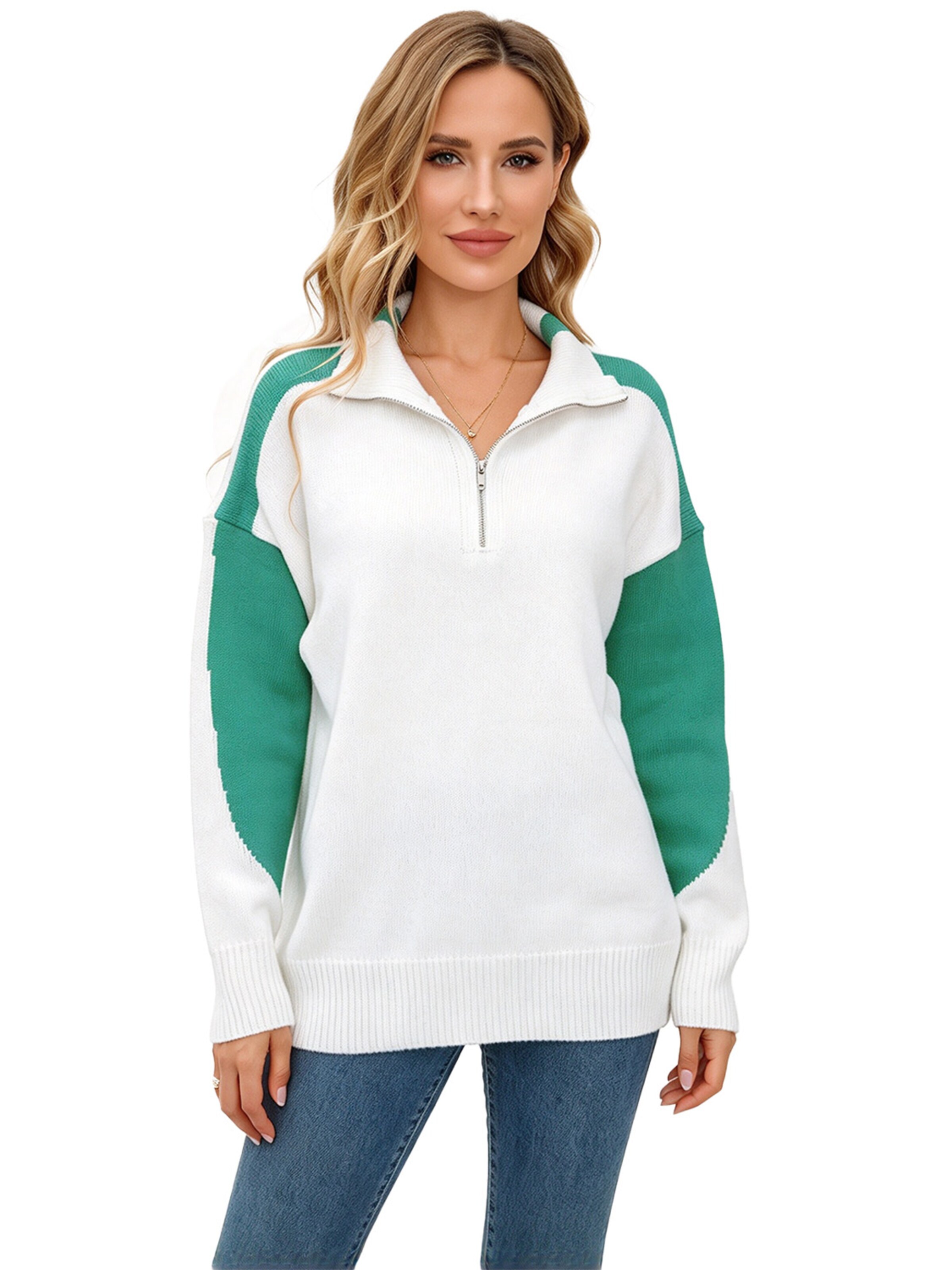 KoJooin Sweter 'Damen Oversize Strickpullover mit Stehkragen und Reißverschluss Lockerer Pullover mit Pull-Over' w kolorze biały
