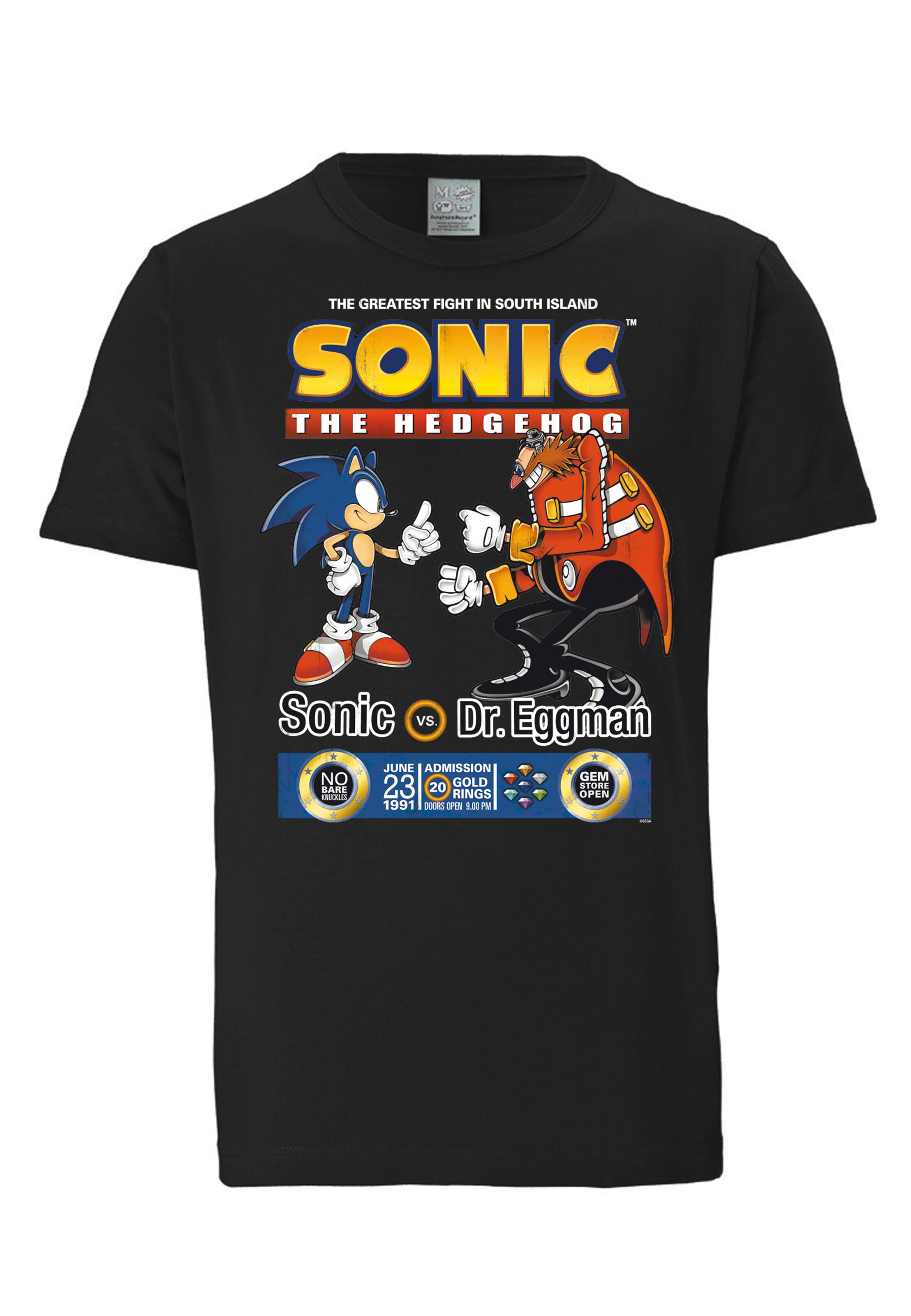 LOGOSHIRT Shirt 'Sonic vs. Dr. Eggman' in Zwart: voorkant