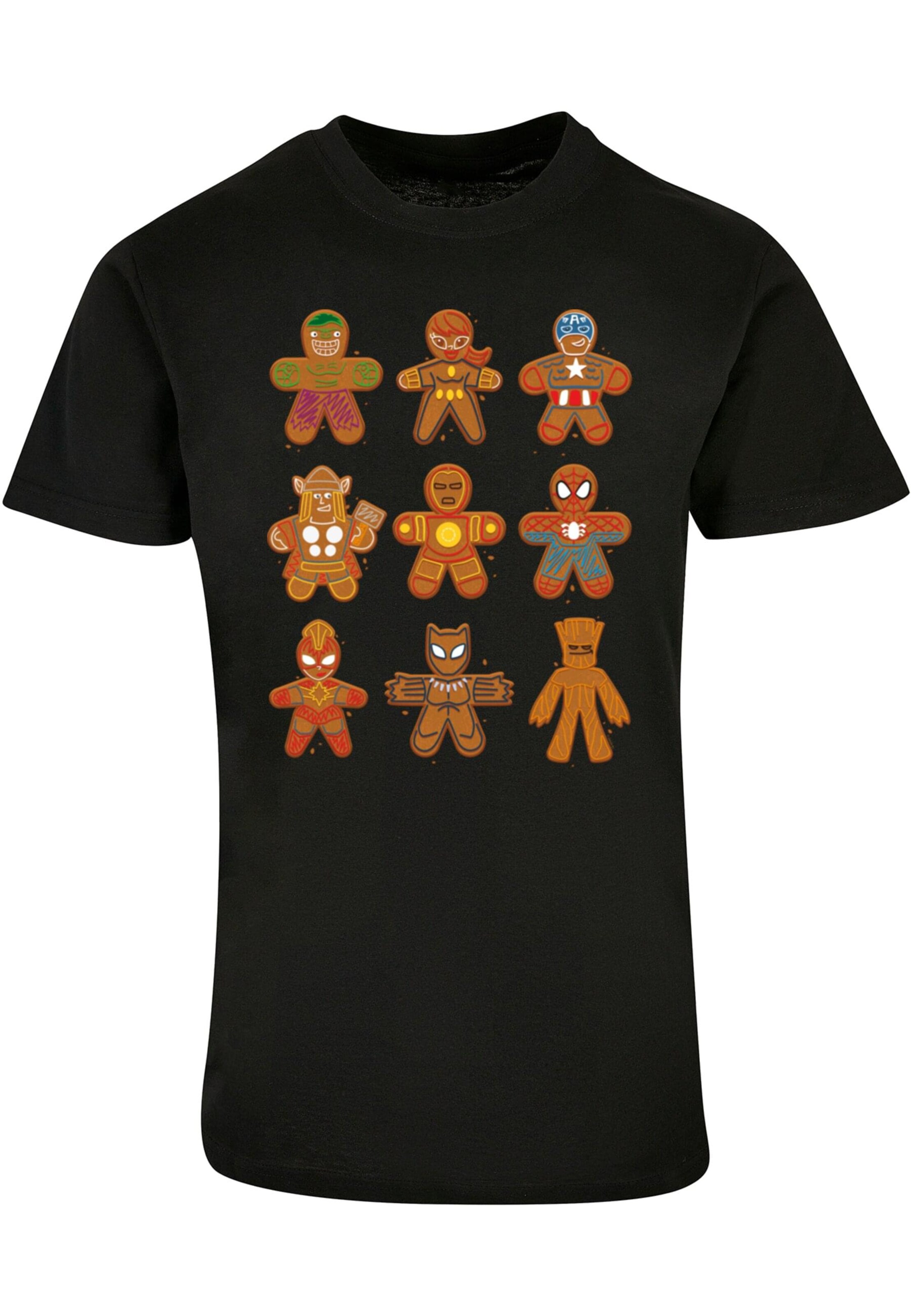 ABSOLUTE CULT Shirt 'Marvel Universe - Christmas Gingerbread Avengers' in Zwart: voorkant