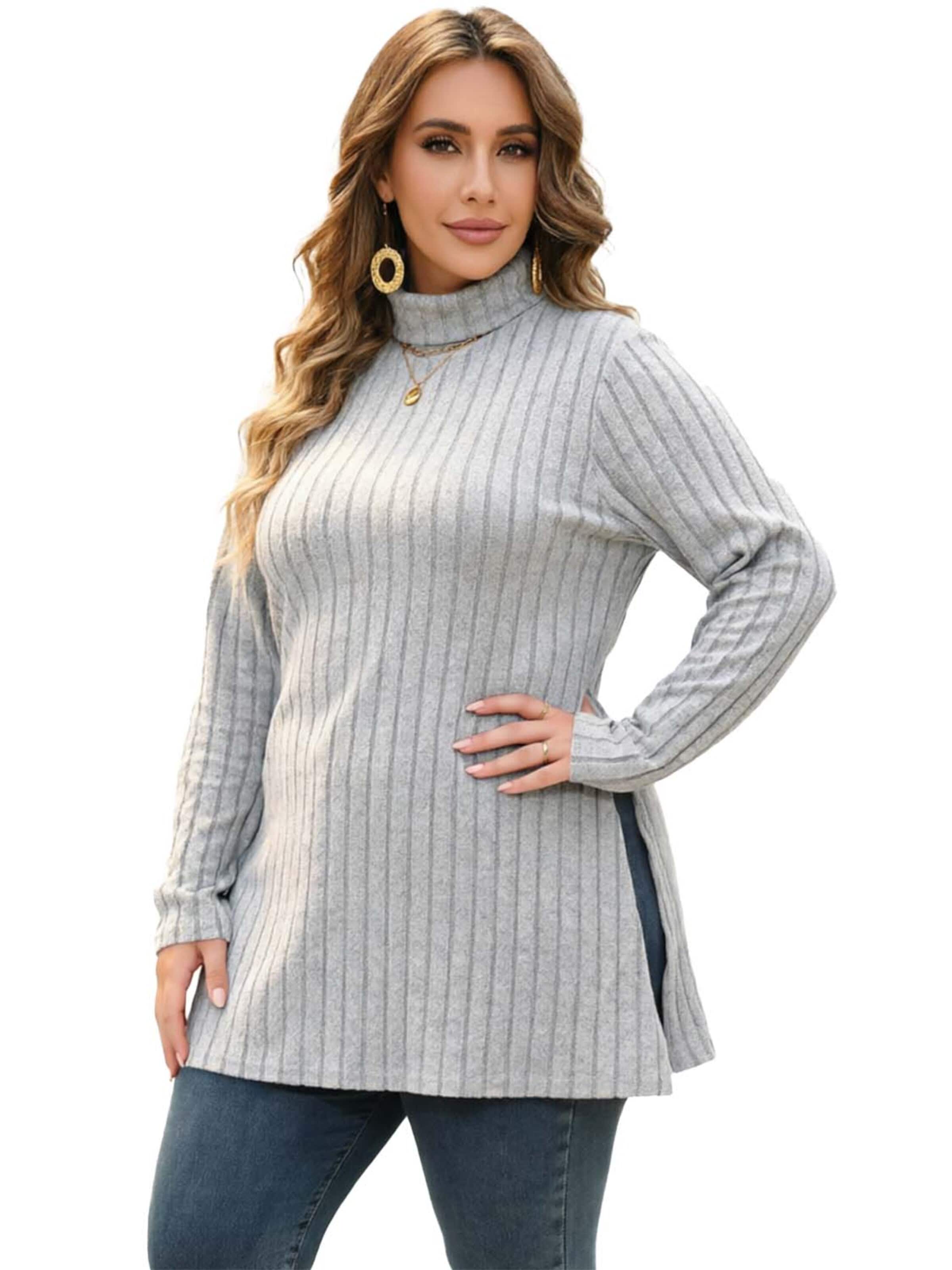 KoJooin Bluzka 'Damen Plus Size Tailliertes Longsleeve mit Stehkragen, Rippstruktur und Seitenschlitzen Basic-Shirt' w kolorze szary