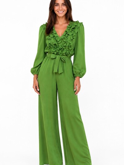 Fulgor Jumpsuit 'Macacão Selene em Seda com Ruffles Sofisticados' i M-L i grøn, Produktvisning