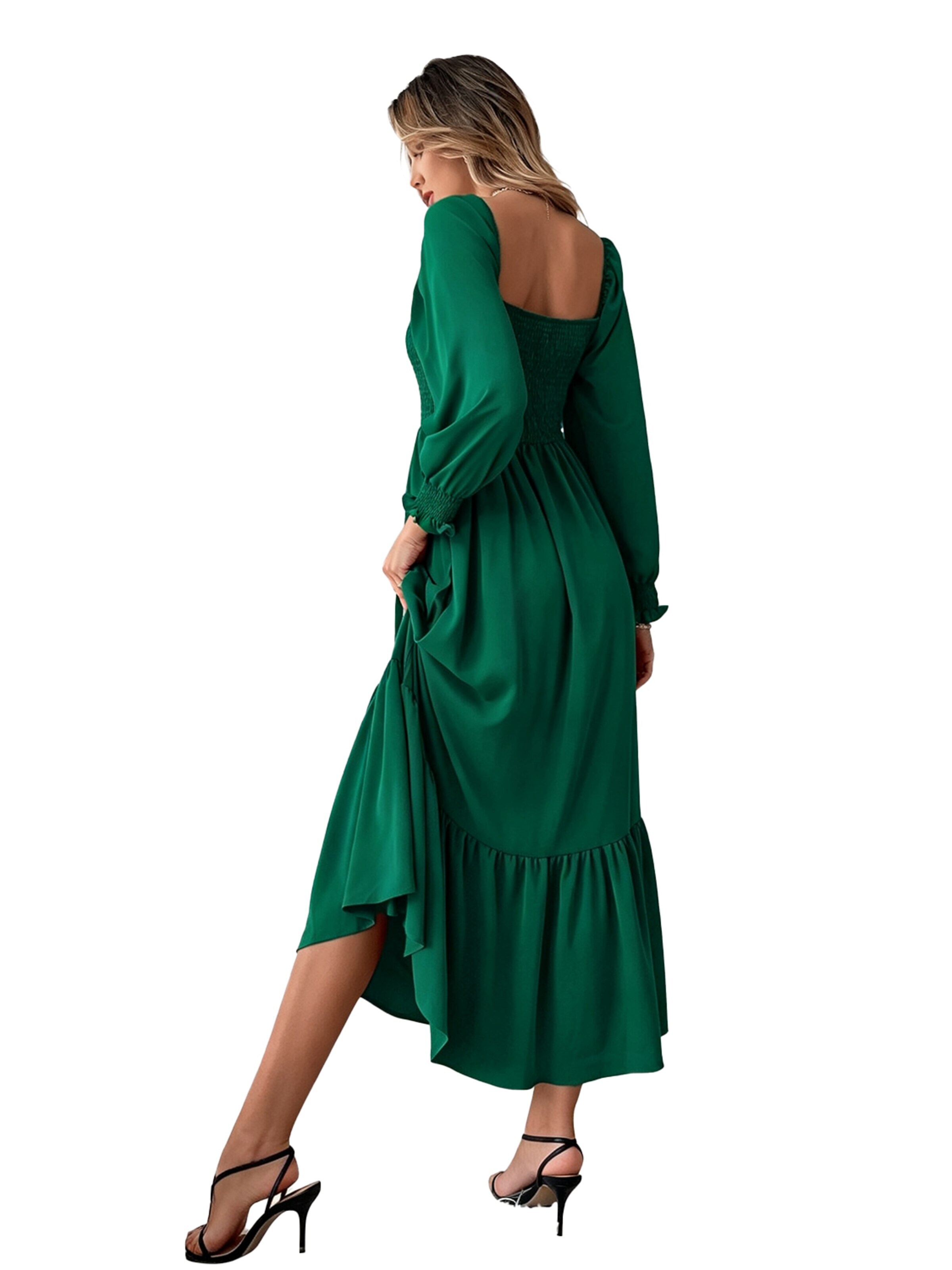 KoJooin Dress 'Damen Enganliegendes Kleid mit Quadrat-Ausschnitt – Langarm, Hohe Taille und Verspielten Rüschen' in Green