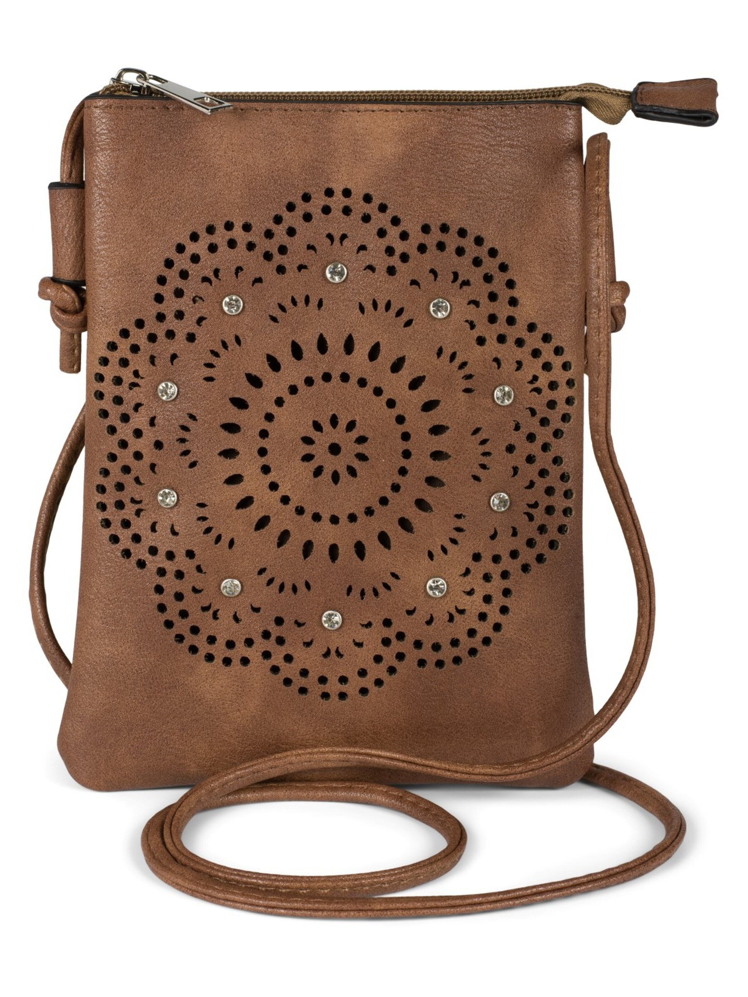 styleBREAKER Umhängetasche 'Mini Umhängetasche Blumen Cutout und Strass'‌‌‌‌‌‌‌ in Braun: Vorderseite