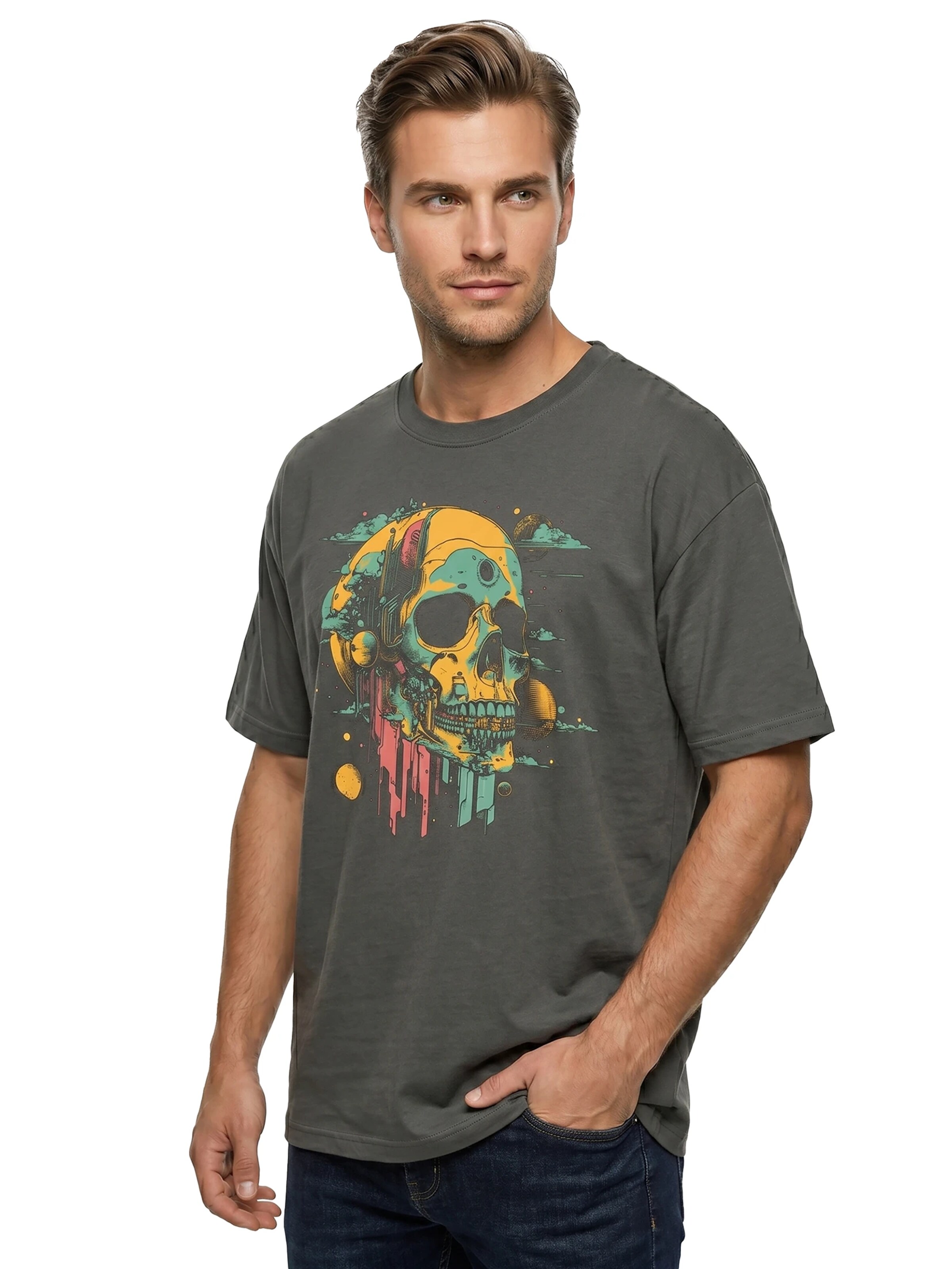 MAKAYA Shirt 'Head Shot Skull' in Grey