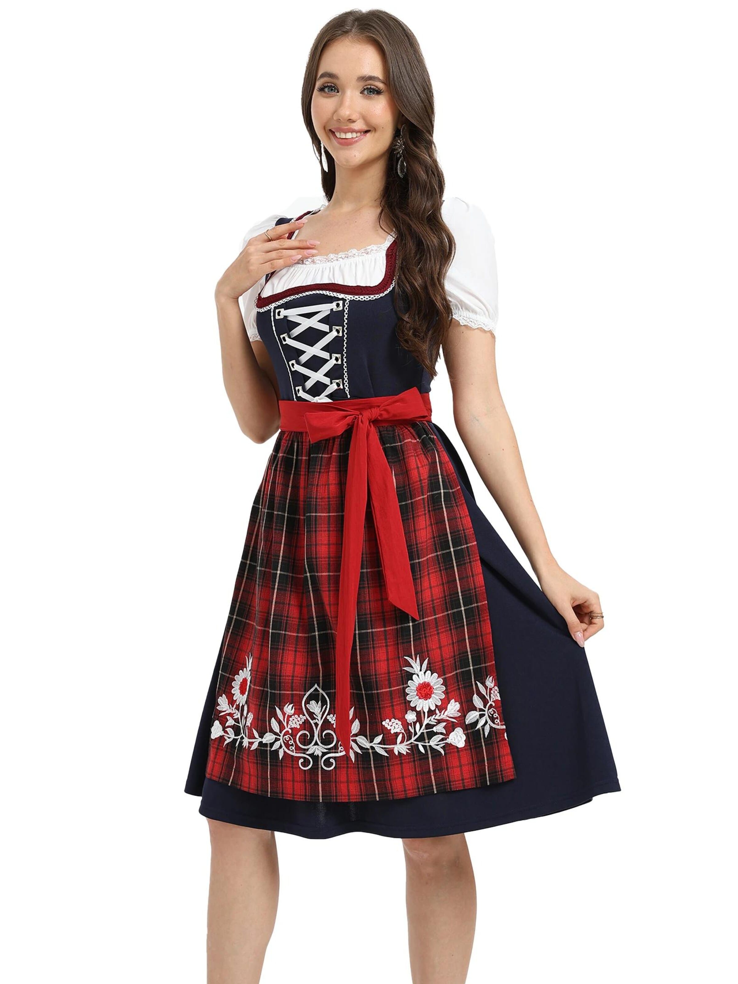 KoJooin Dirndl 'Damen Rotkariertes Stickerei-Dirndl-Zweiteiler mit Schürze für Oktoberfest, Halloween & Karneval' w kolorze czerwony