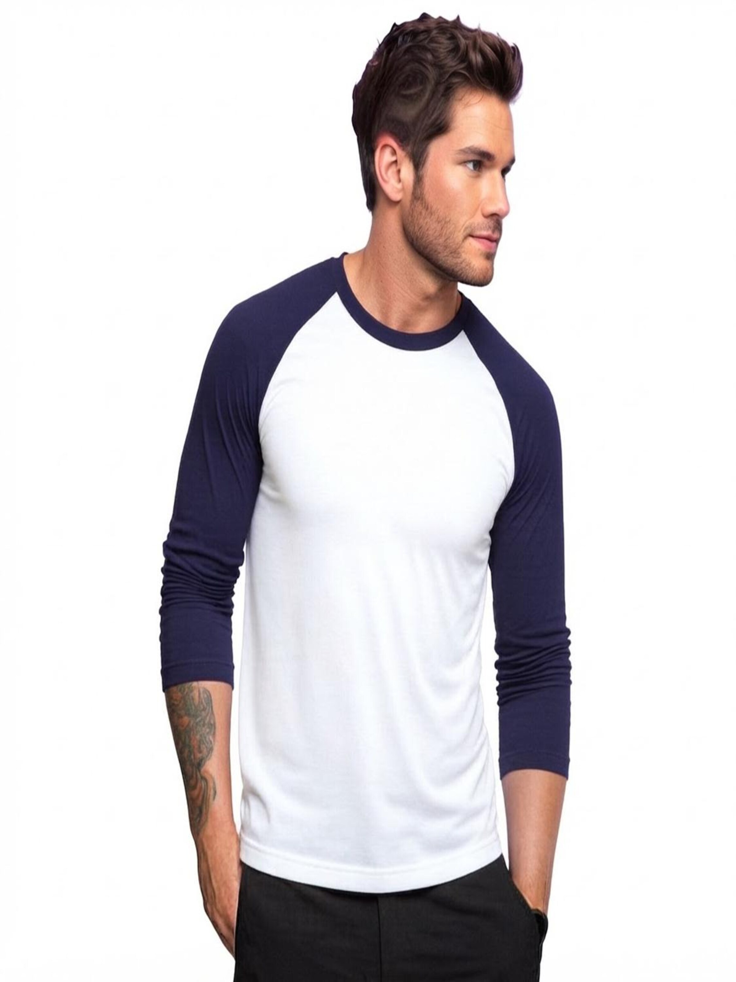 T-Shirt '2-Pack Heren Baseballshirt Lange Mouwen – Wit/Zilvergrijs – Casual Raglan – Maat M' Vanilla en bleu