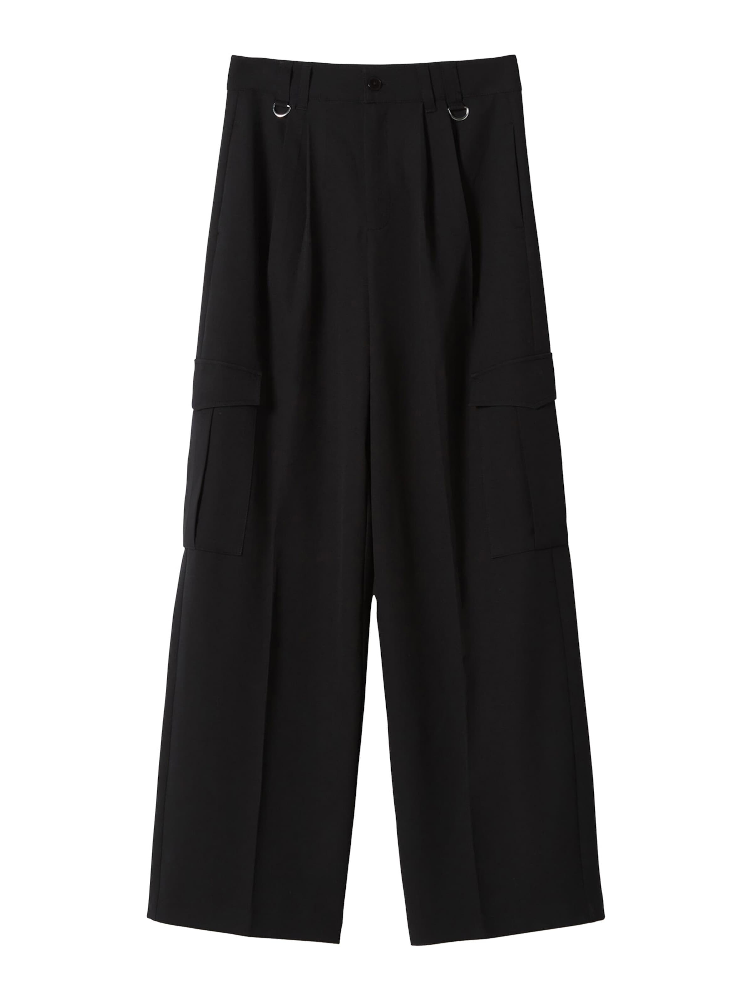 Bershka Zvonové kalhoty Kalhoty se sklady v pase – černá: přední strana