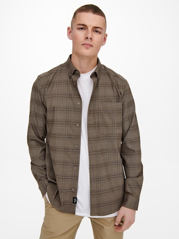 Only & Sons Regular fit Button Up Shirt 'Tino' in Brown: front