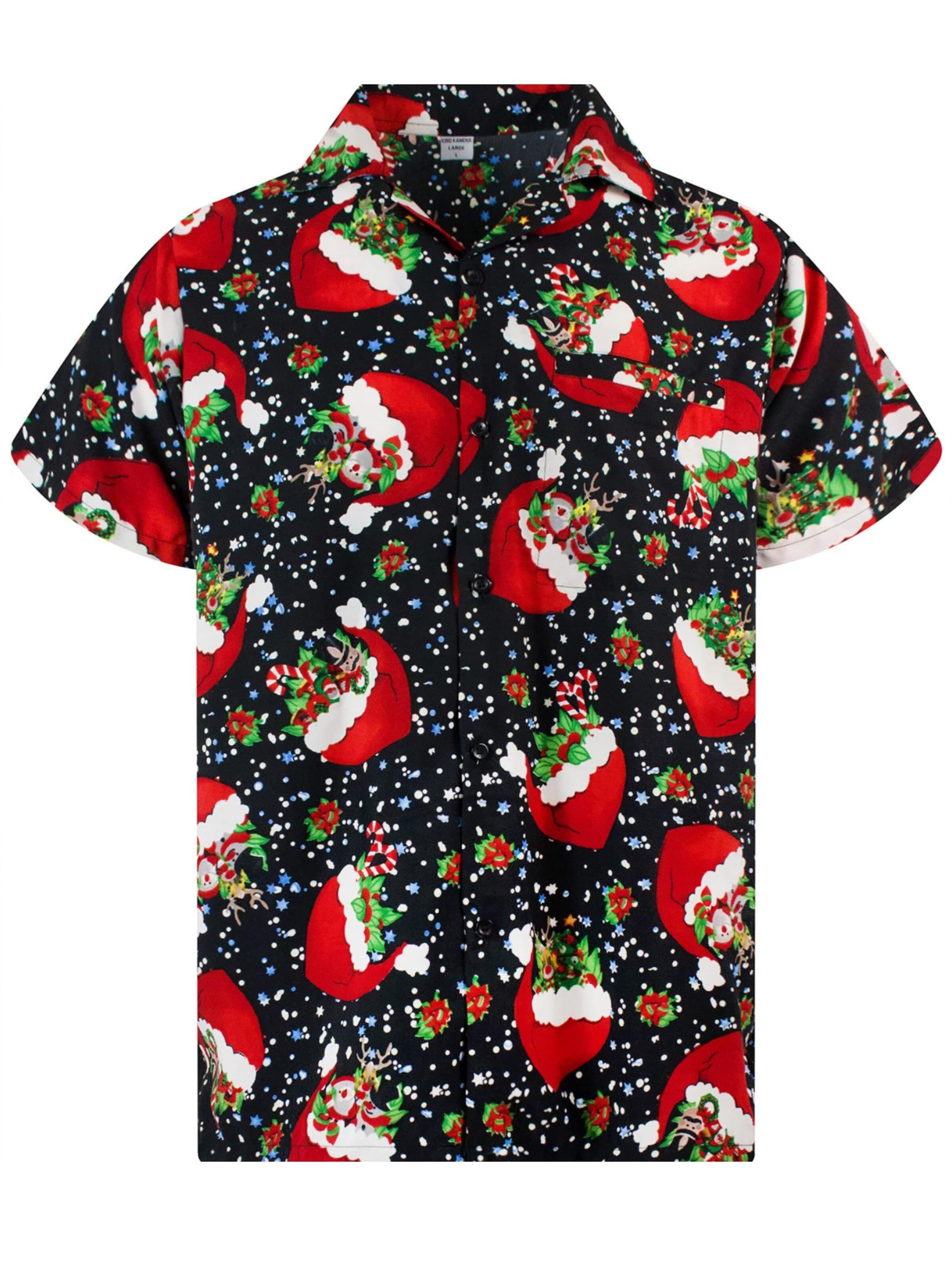 Camicia 'Christmas Flying Hats' di King Kameha in nero: frontale