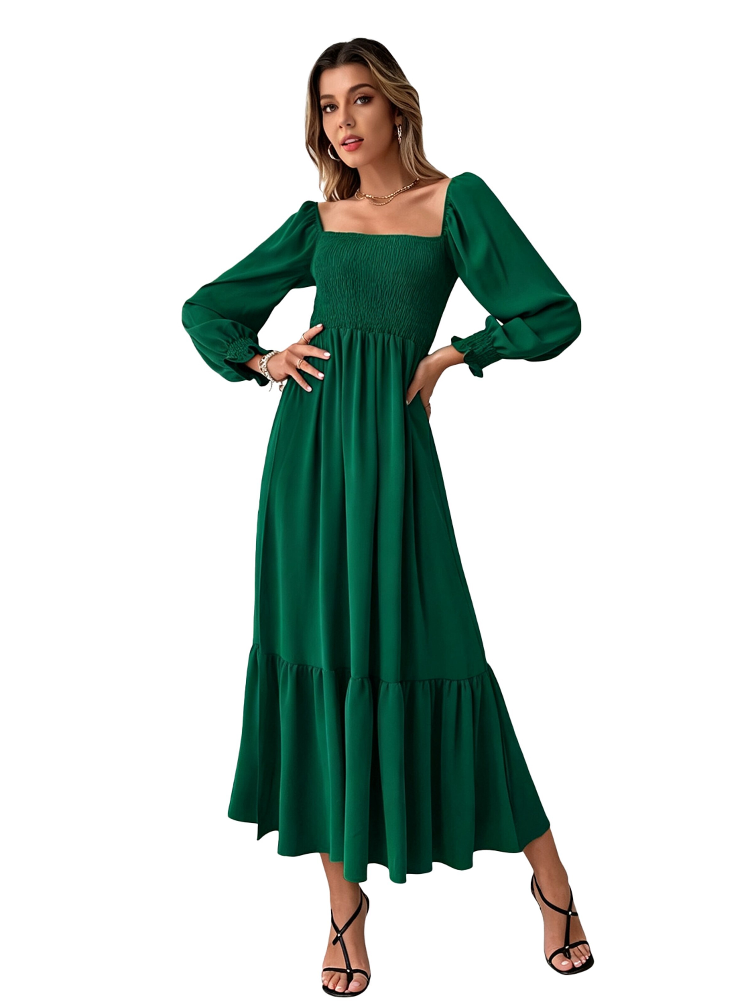 KoJooin Dress 'Damen Enganliegendes Kleid mit Quadrat-Ausschnitt – Langarm, Hohe Taille und Verspielten Rüschen' in 36 in Green, Item view