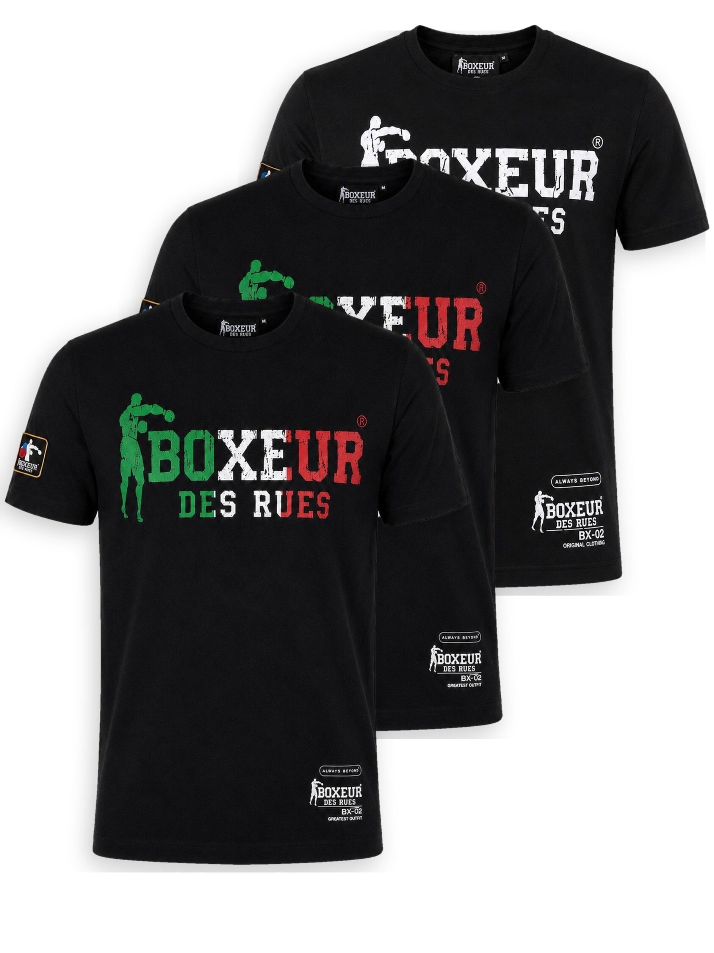 Boxeur des Rues Shirt 'Herren T-Shirt 3er-Pack Boxeur des Rues Slim Fit: Schwarz, Weißes Logo + 2 x Schwarz, Dreifarbiges Logo'‌‌‌ in M/Regular in schwarz, Produktansicht