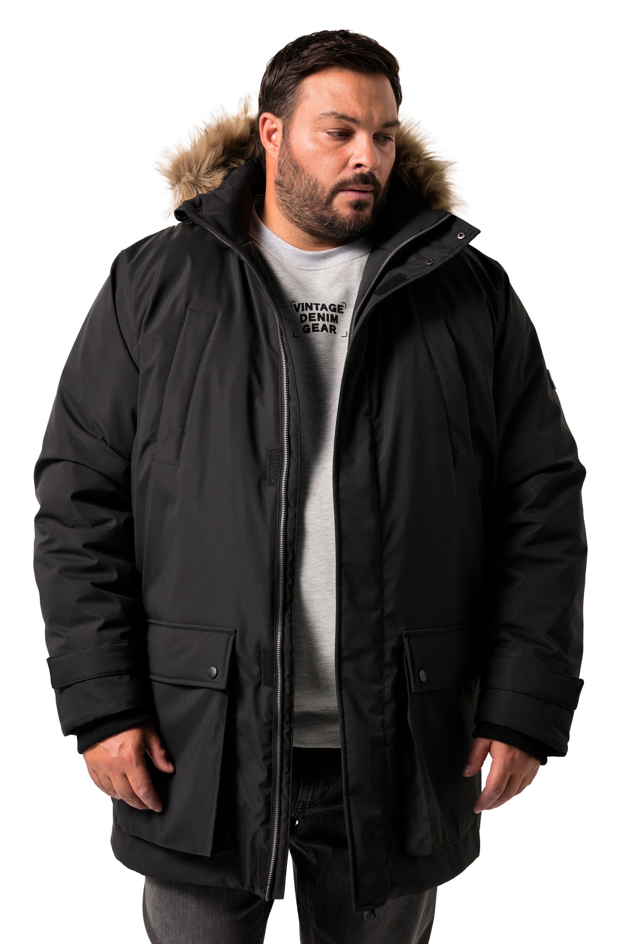 Men Plus Winter Parka in Black: front