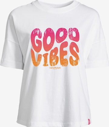 salzhaut Shirt 'LEEV - GOOD VIBES' in Wit: voorkant