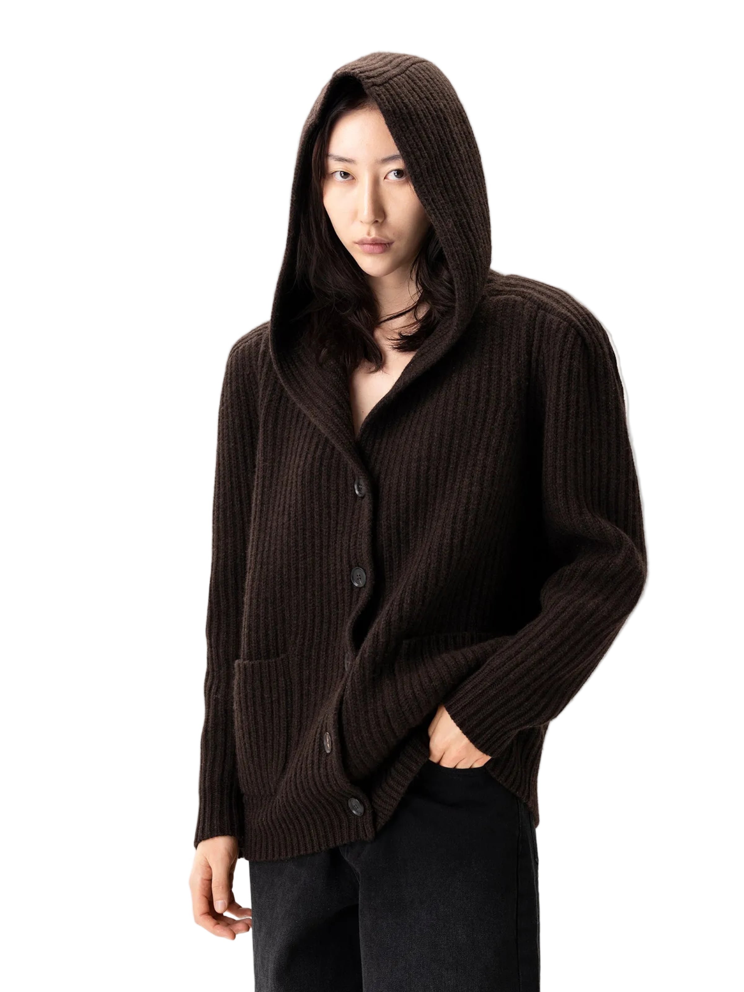 GOBI Cashmere Knit Cardigan 'Wide-Shoulder Hooded Cashmere Cardigan' in Brown: front