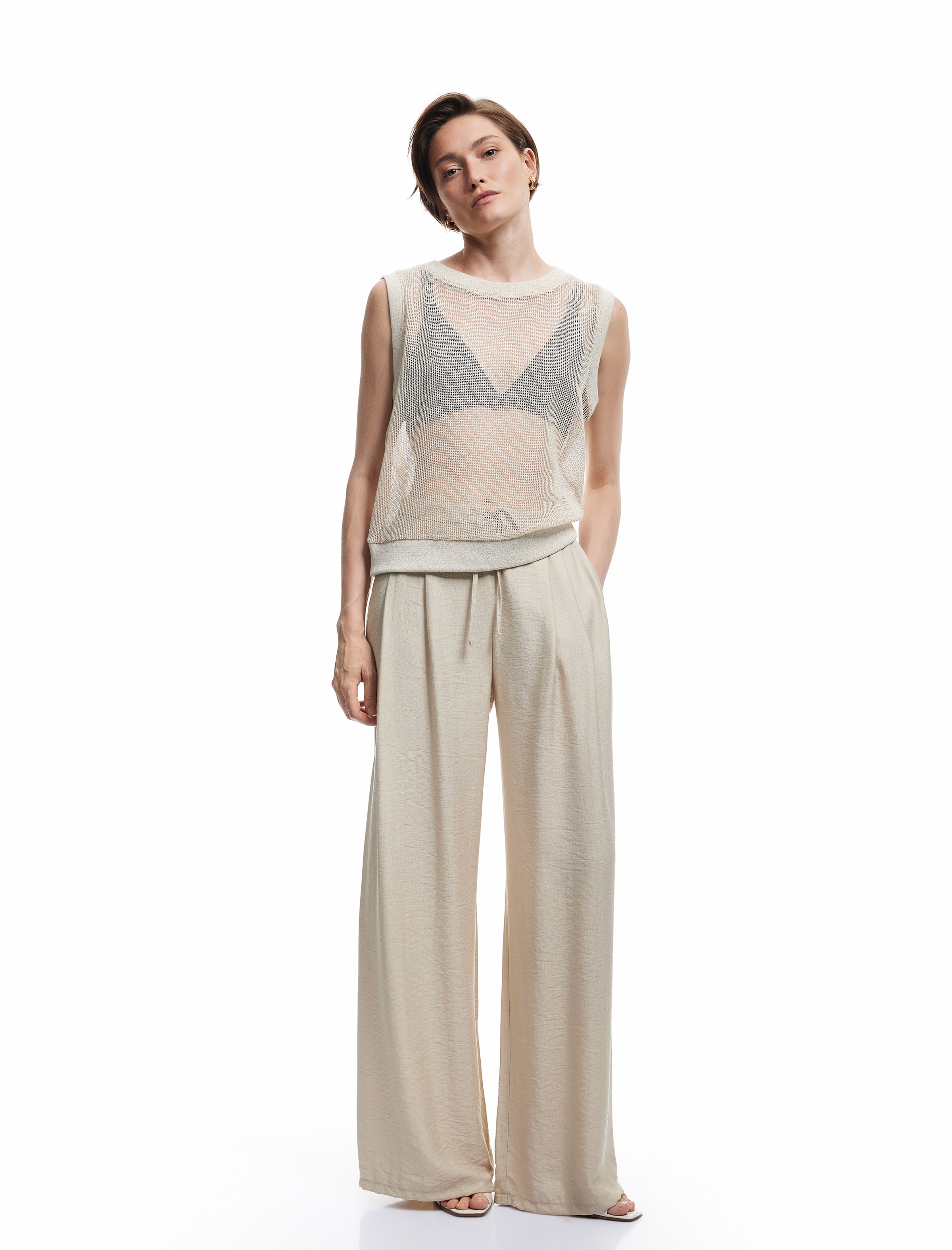 Koton Wide leg Pleat-Front Pants in Beige: front
