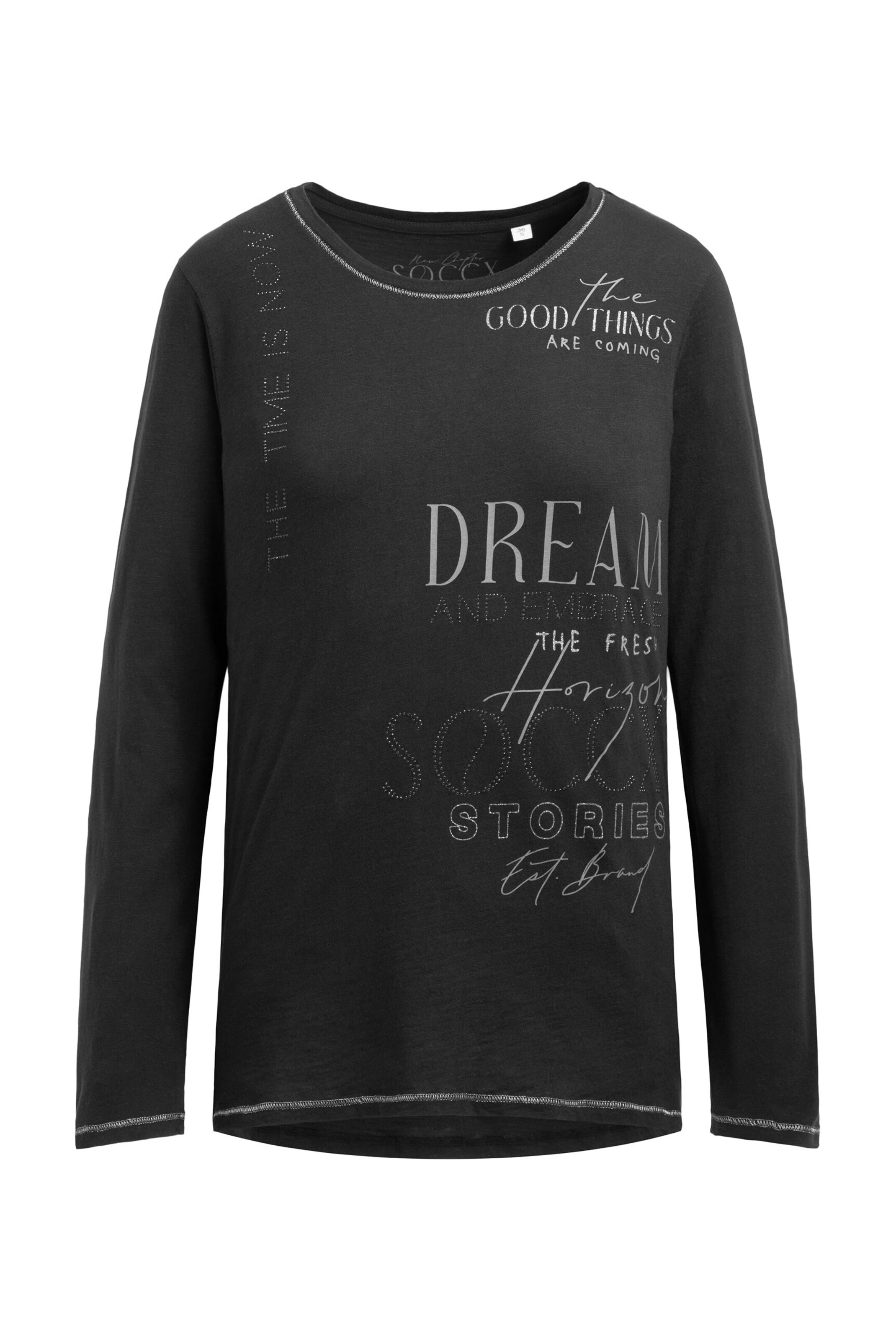 Soccx Langarmshirt mit Print und Schmucksteinen in Schwarz: Vorderseite