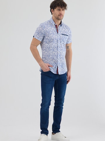 7Camicie Slim fit Zakelijk overhemd 'Iconic Linen Man Shirt Short Sleeve White Blue' in Wit