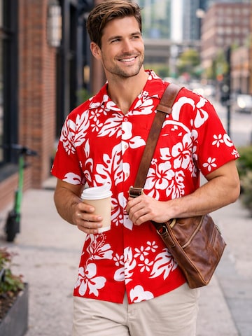 King Kameha Shirt 'Hibiscus'‌ in Rot