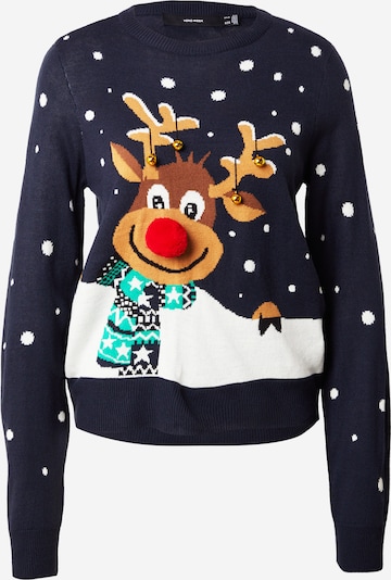 VERO MODA Pullover 'VMFrostydeer' in navy / braun / grün / weiß, Produktansicht