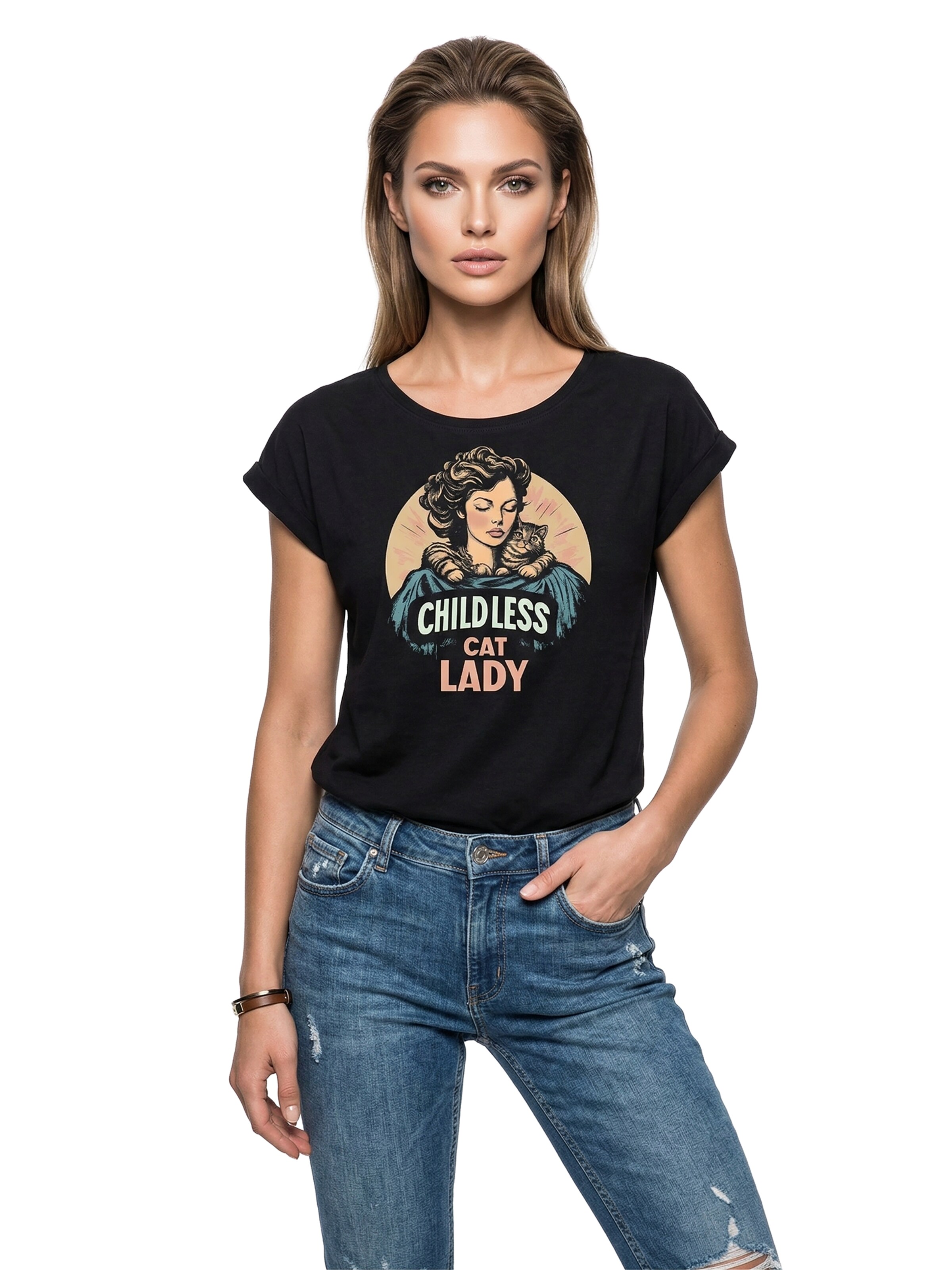 MAKAYA Shirt 'Childless Cat Lady' in Black: front