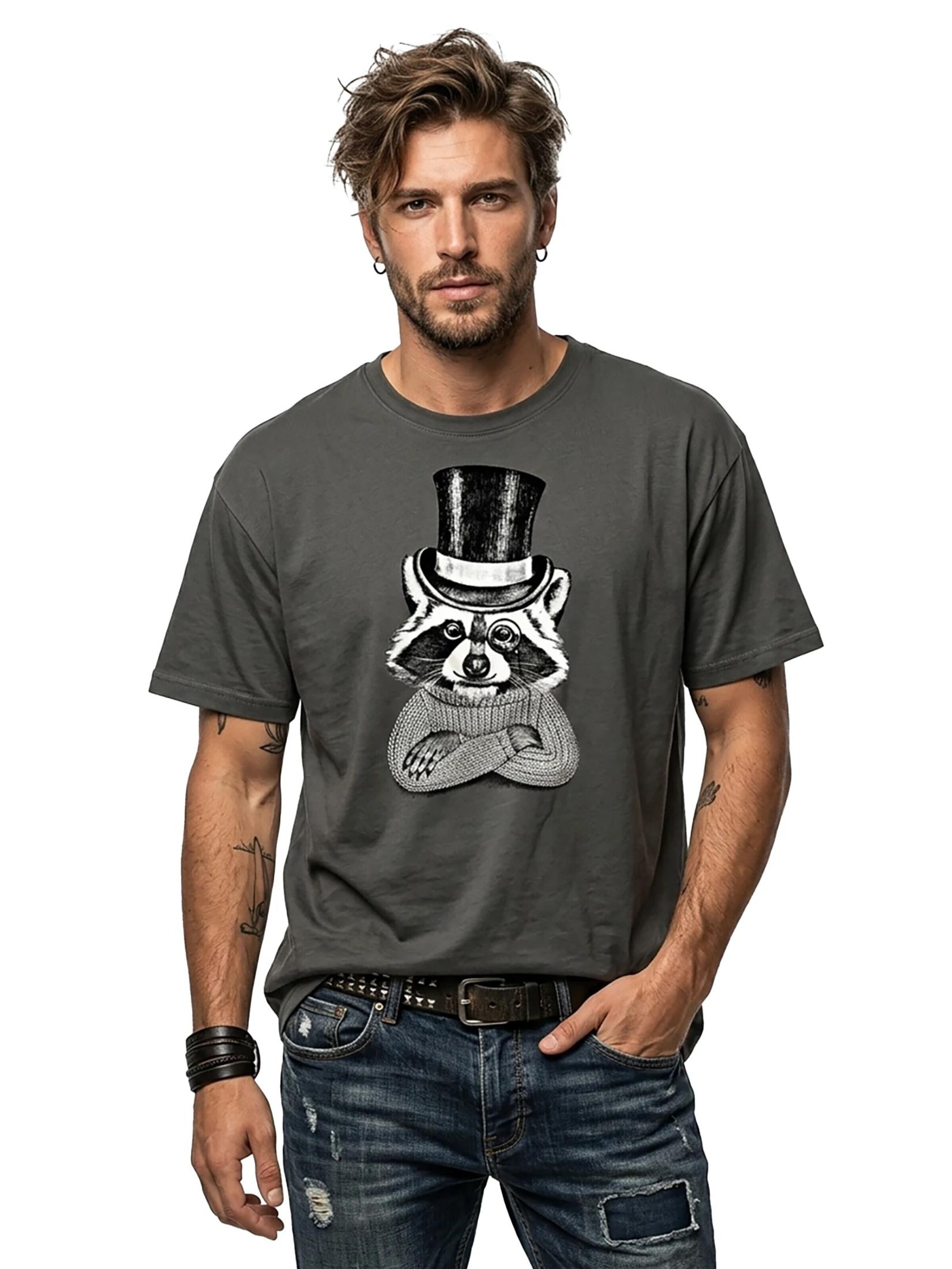 MAKAYA Shirt 'Waschbär Hut' in Grey