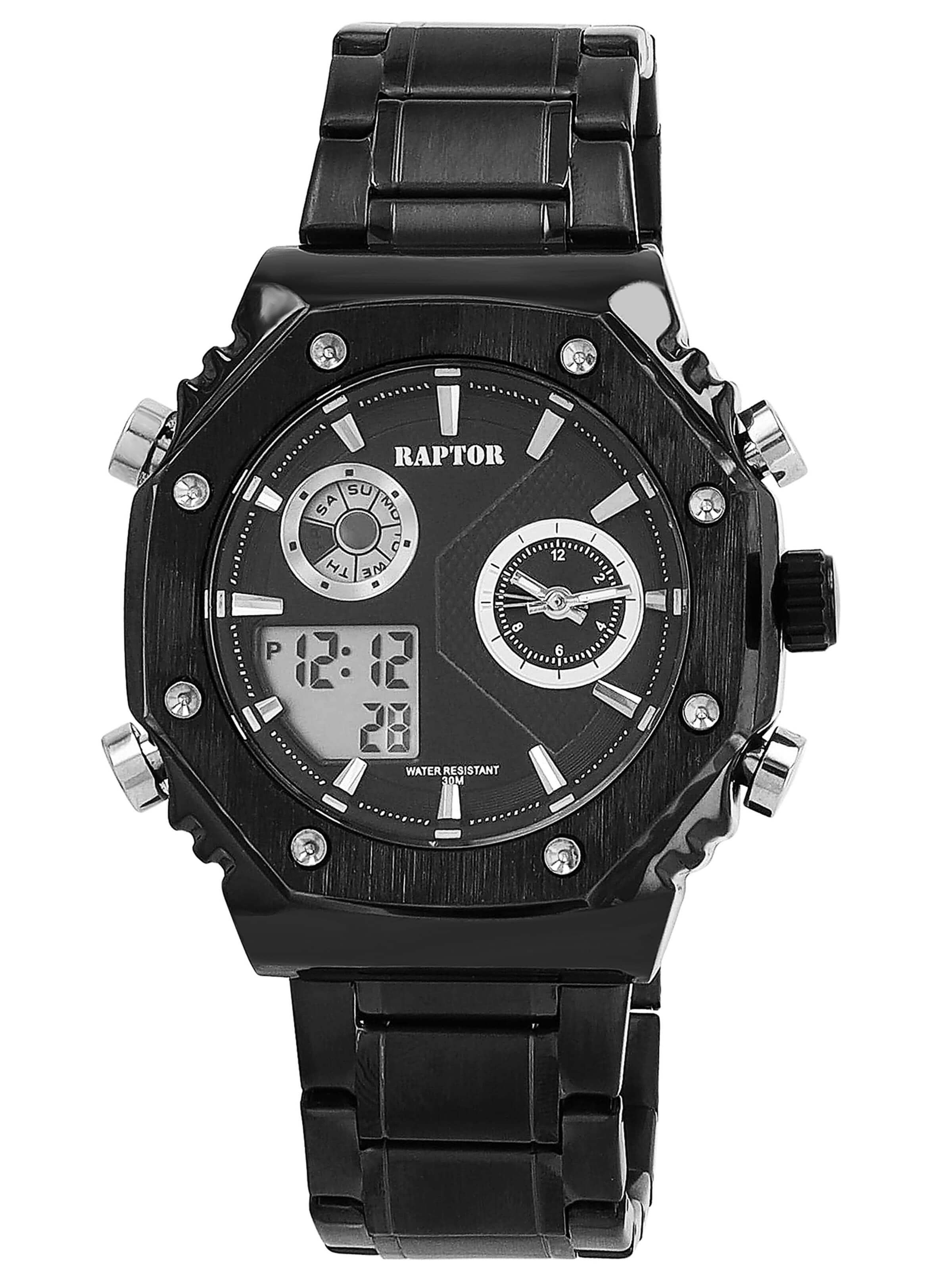 Raptor Analoguhr 'mit Dual-Time und Edelstahlarmband'‌‌‌‌ in Schwarz