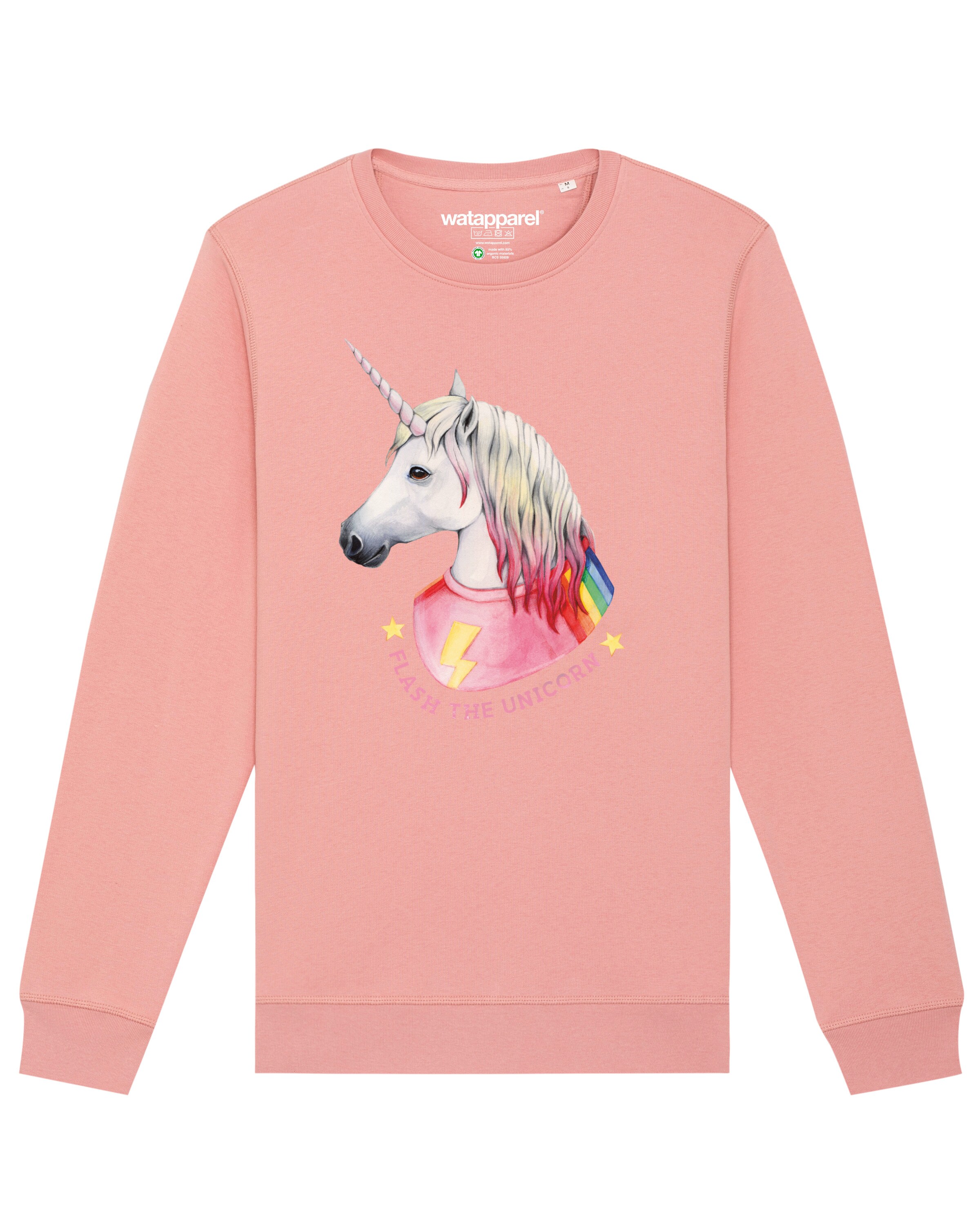 Watapparel Sweatshirt ' Flash, the unicorn ' in Roze: voorkant
