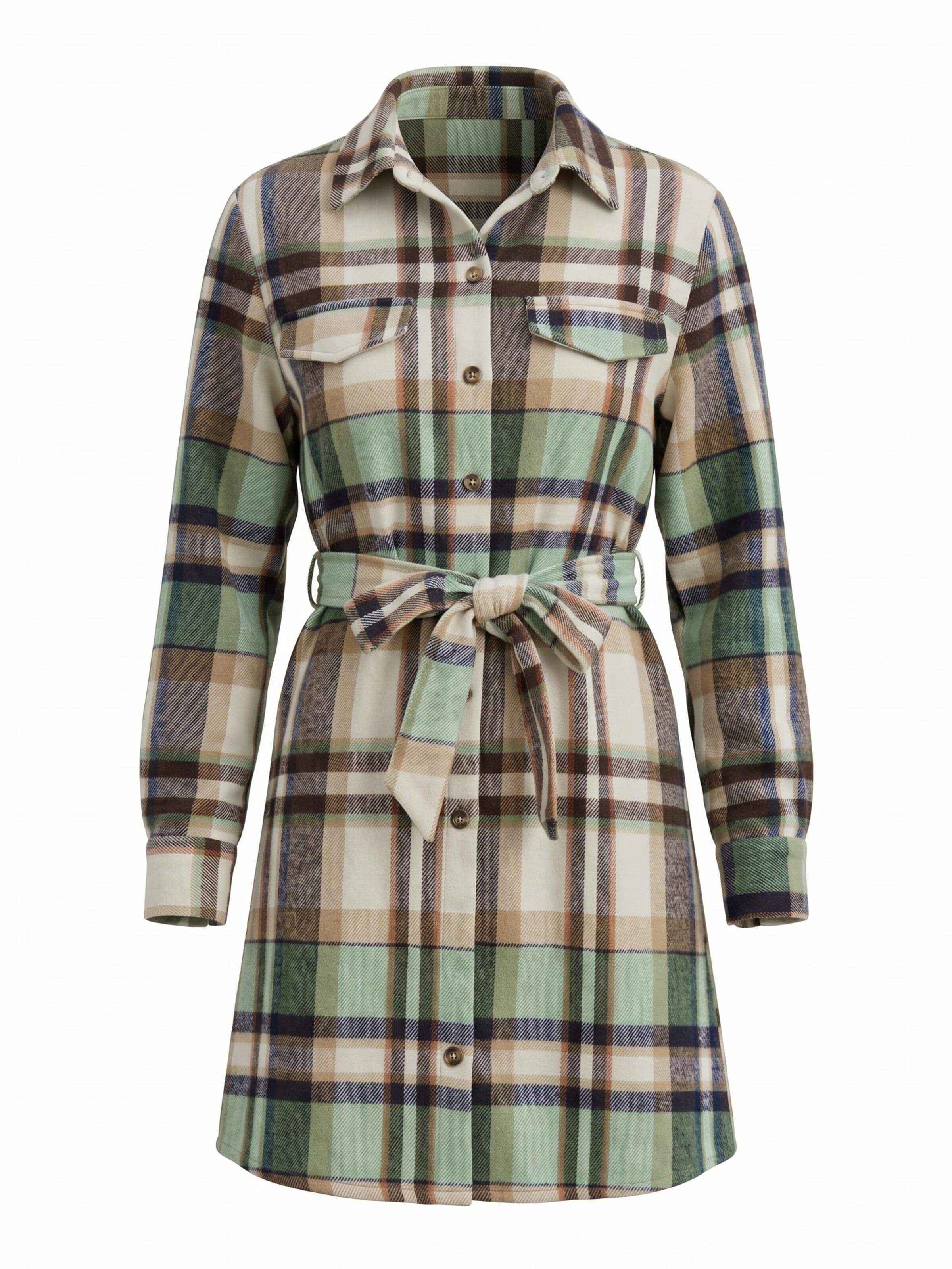 Cupshe - Vestidos camiseiros 'Plaid Collared Long Sleeve' em verde: frente