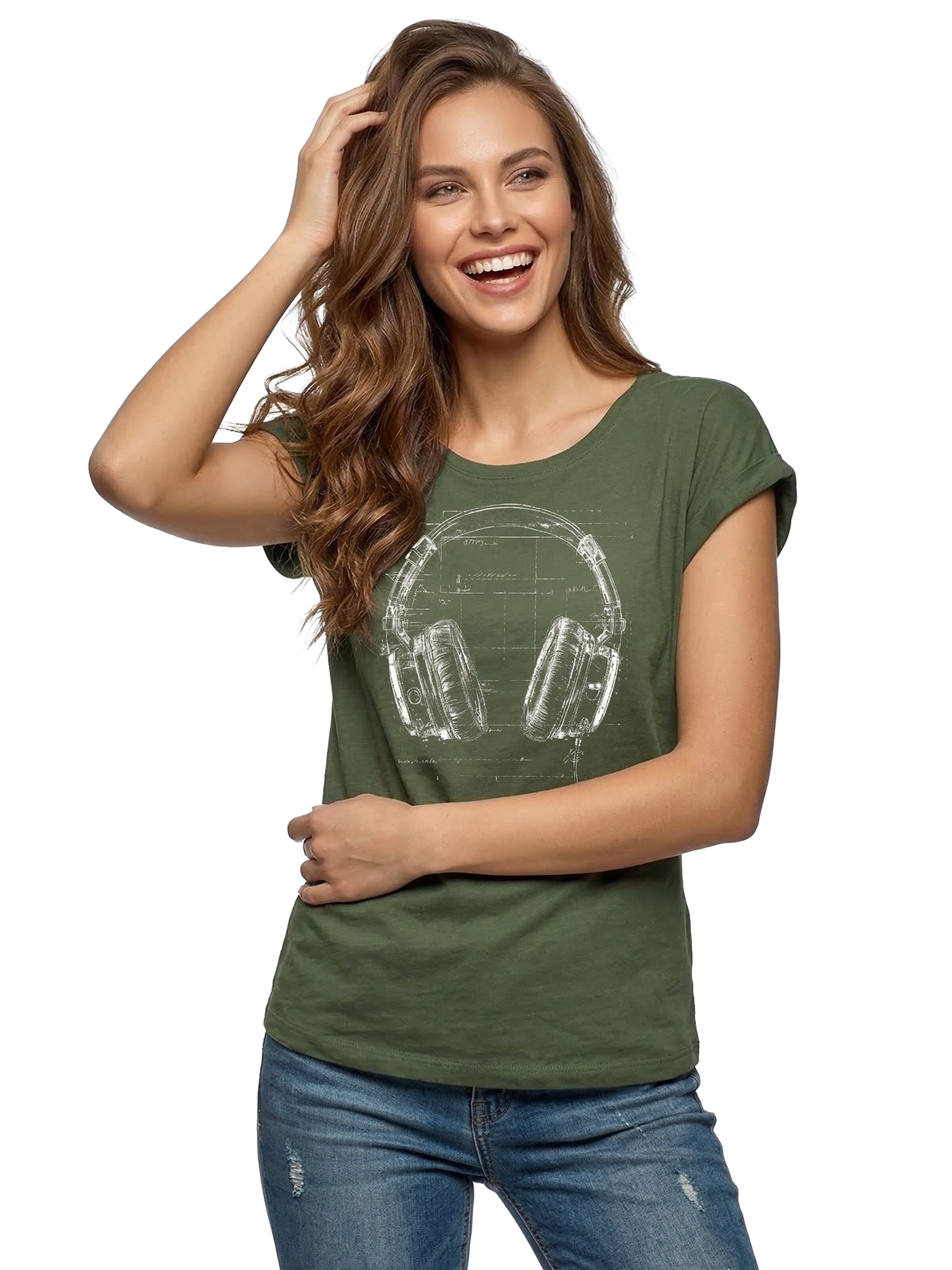MAKAYA Shirt 'Blue Print Headphone' in Green: front