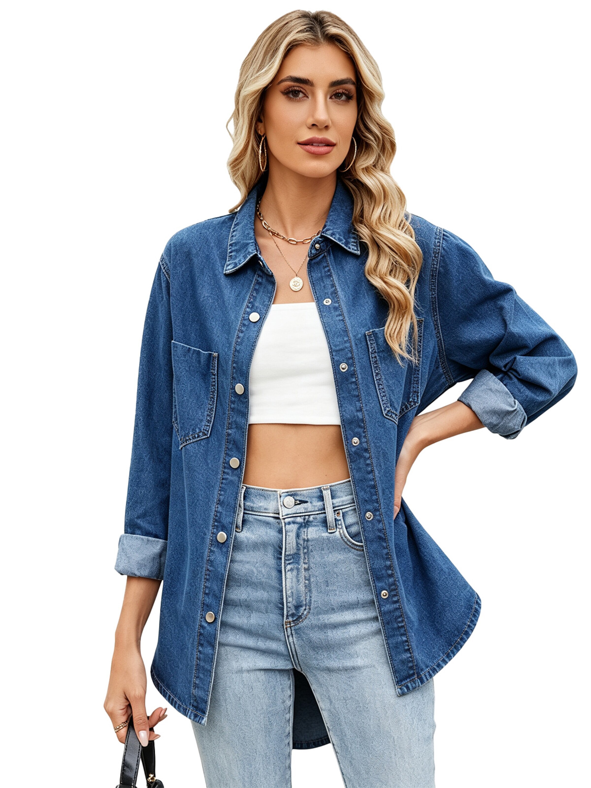 KoJooin Bluzka 'Damen Oversize Jeanshemd mit Knopfleiste – Langarm, Used-Look Denimjacke für Herbst-Outfits 2026' w kolorze niebieski: przód