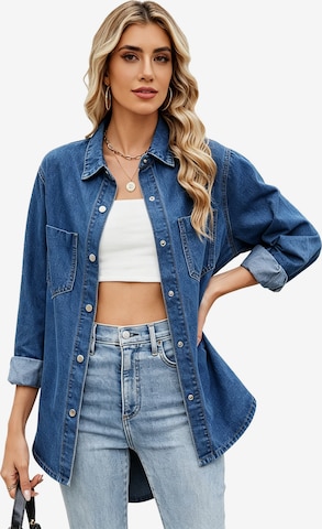 KoJooin Bluzka 'Damen Oversize Jeanshemd mit Knopfleiste – Langarm, Used-Look Denimjacke für Herbst-Outfits 2026' w kolorze niebieski: przód