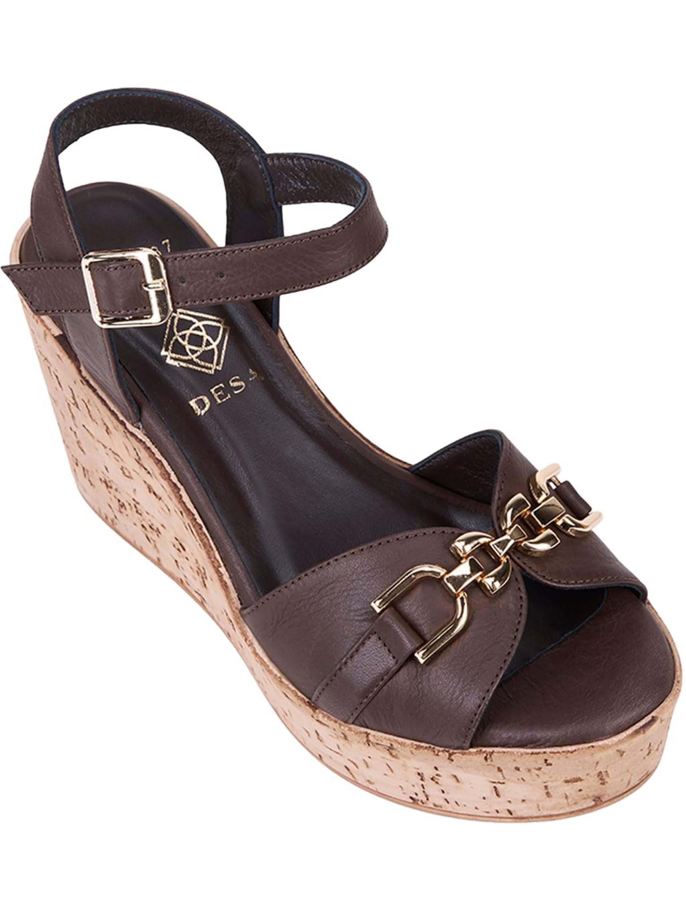 Desa - Sandalias de dedo 'DESA Damen-Keilsandalen aus Leder mit goldenen Details' en marrón: frente