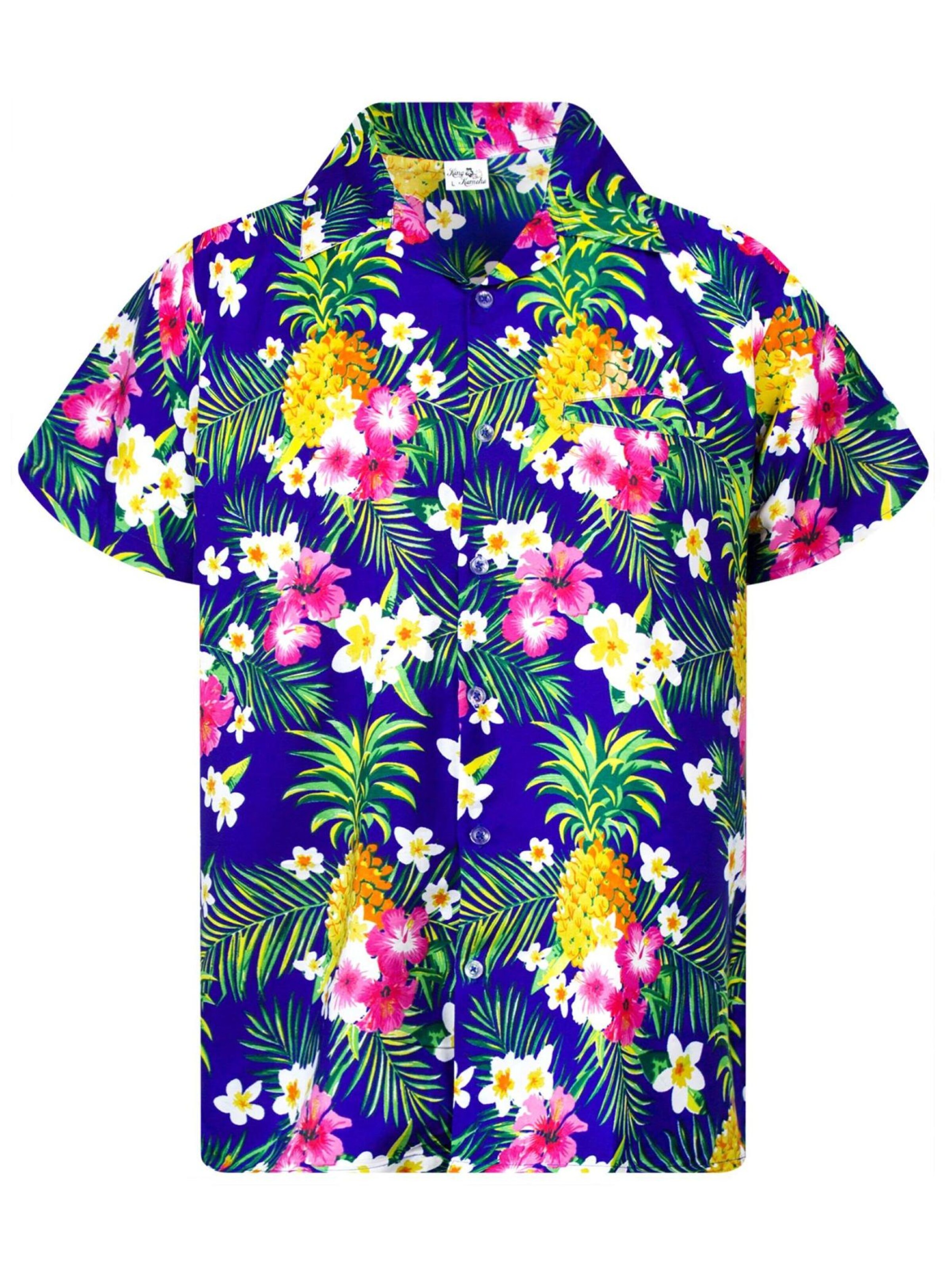 King Kameha Regular fit Button Up Shirt 'Pineapple Flowers' in Blue: front