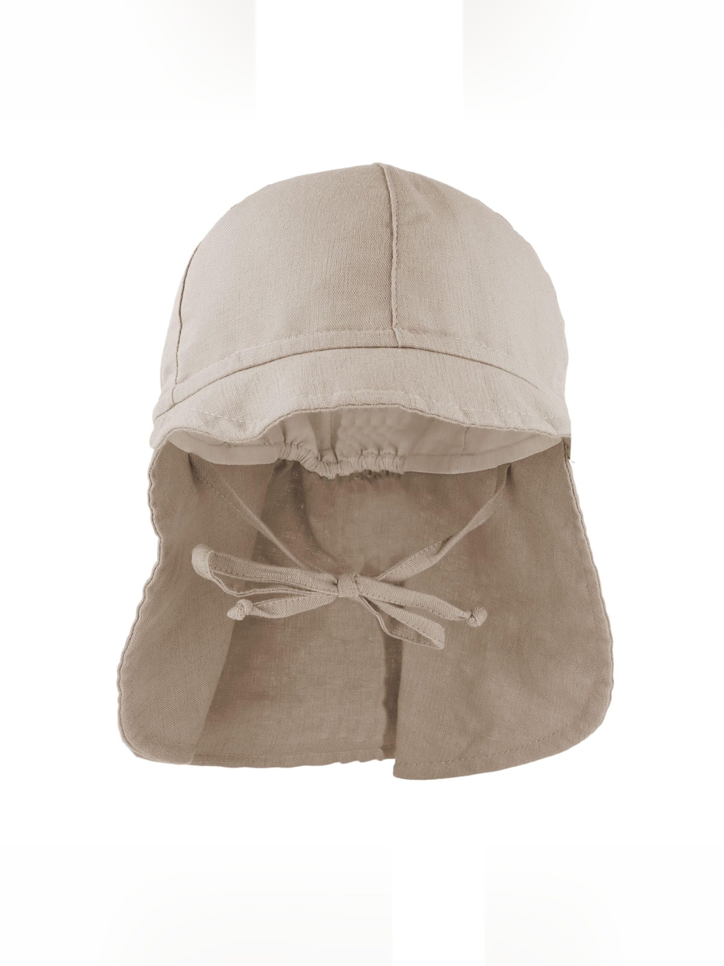 MAXIMO Beanie 'GOTS MINI-Nackenschutzmütze uni, Leinenoptik, Bindeband, Futter' in Beige