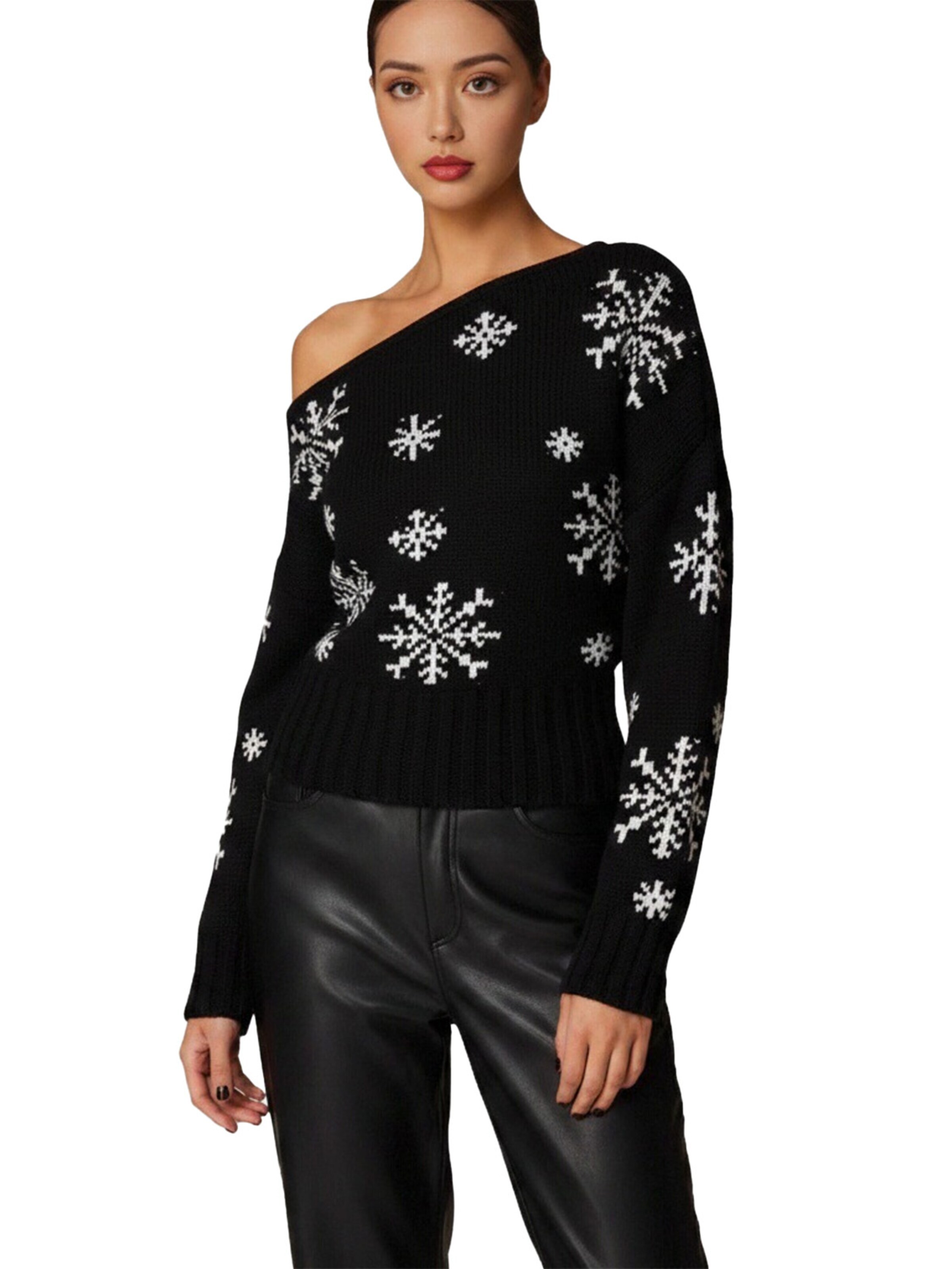 KoJooin Pullover 'Damen Kurzer Pullover mit Snowflake-Muster Süßer Weihnachten Rollkragen Strickpullover Festliche'‌‌‌‌‌‌‌ in Schwarz