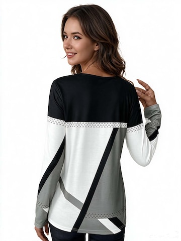 KoJooin Top 'Damen Langarmshirt mit Rundhals, Kontrasteinsätzen und geometrischem Print' w kolorze szary