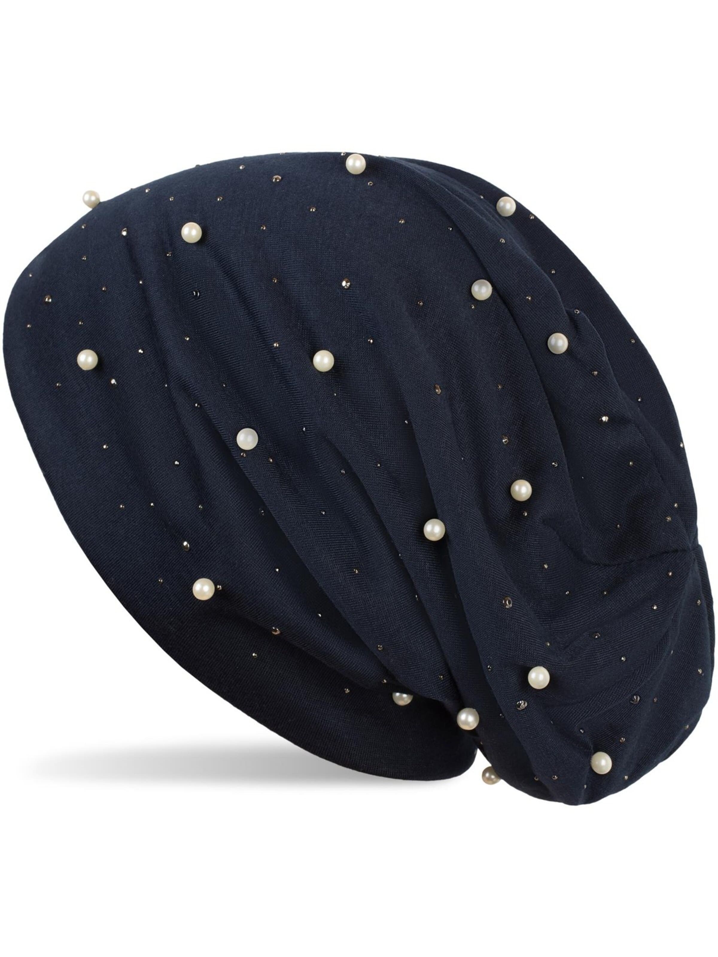 styleBREAKER Mütze 'Beanie mit Perlen und Strass Nieten'‌‌‌‌‌‌‌ in Blau: Vorderseite