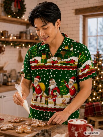 King Kameha Regular fit Skjorta 'Christmas Border Print' i grön