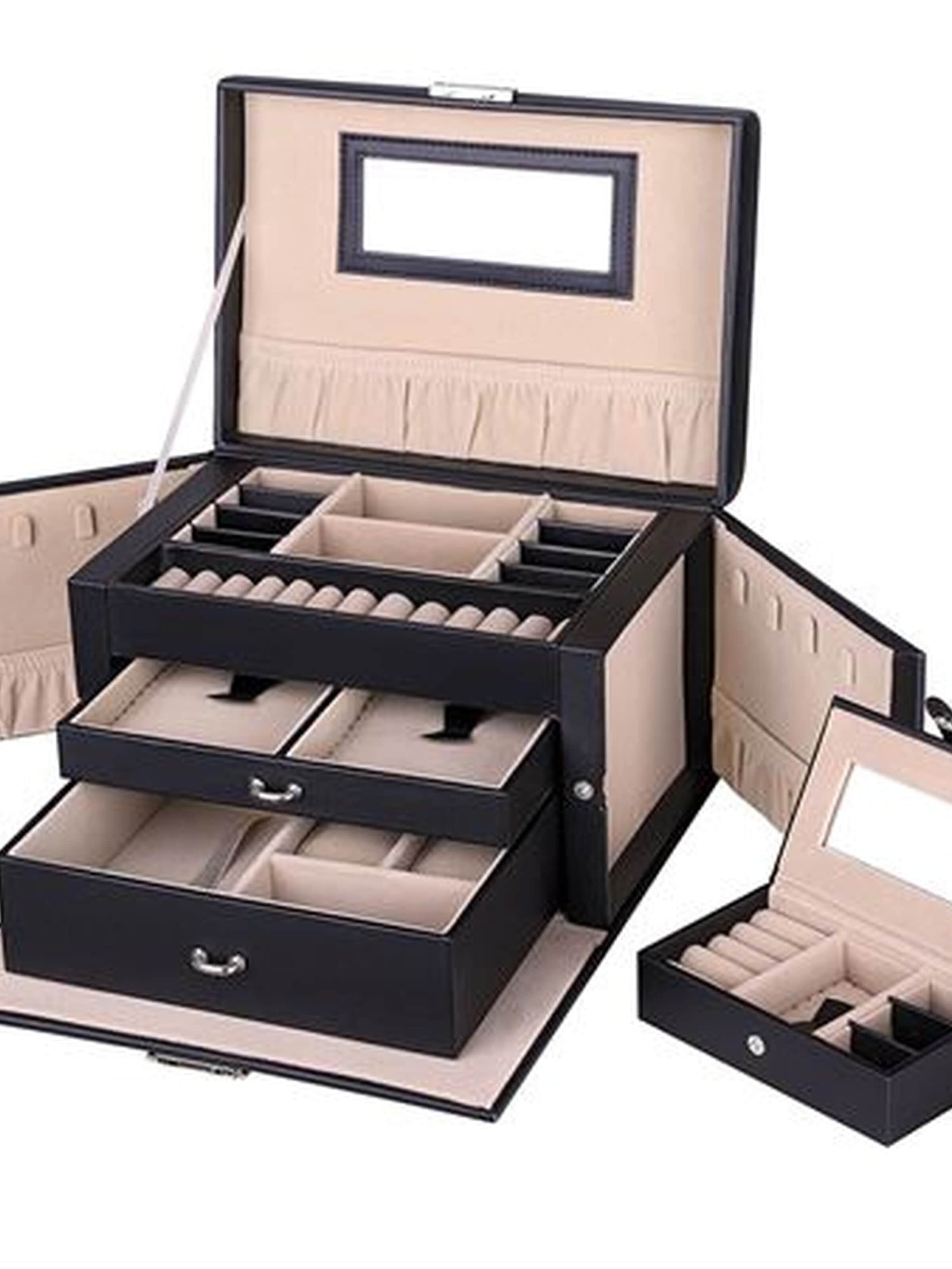 Boîte à bijoux 'Leather Jewelry Box with 20 Compartments - Black' UNIQ Beauty en noir : devant